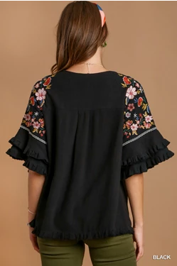 Black Top with Embroidery Bell Sleeve & Raw Hem