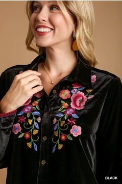 Velvet Button Up Top with Embroidery Details