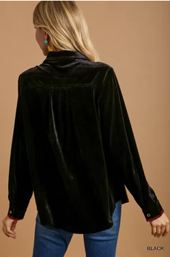 Velvet Button Up Top with Embroidery Details