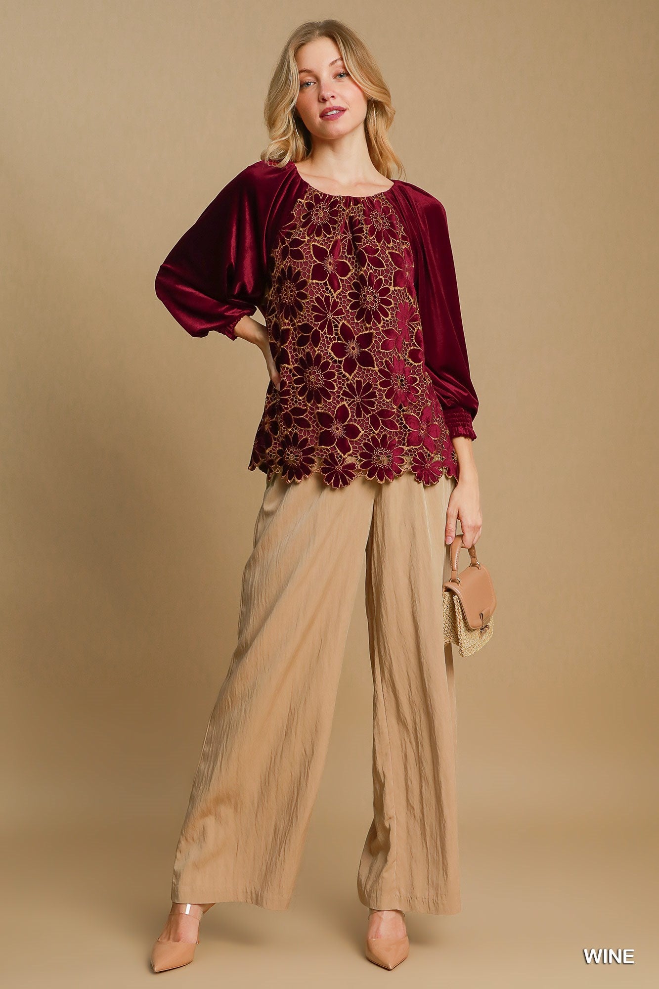 Burgundy Velvet Top w/ Floral Lace Sleeves