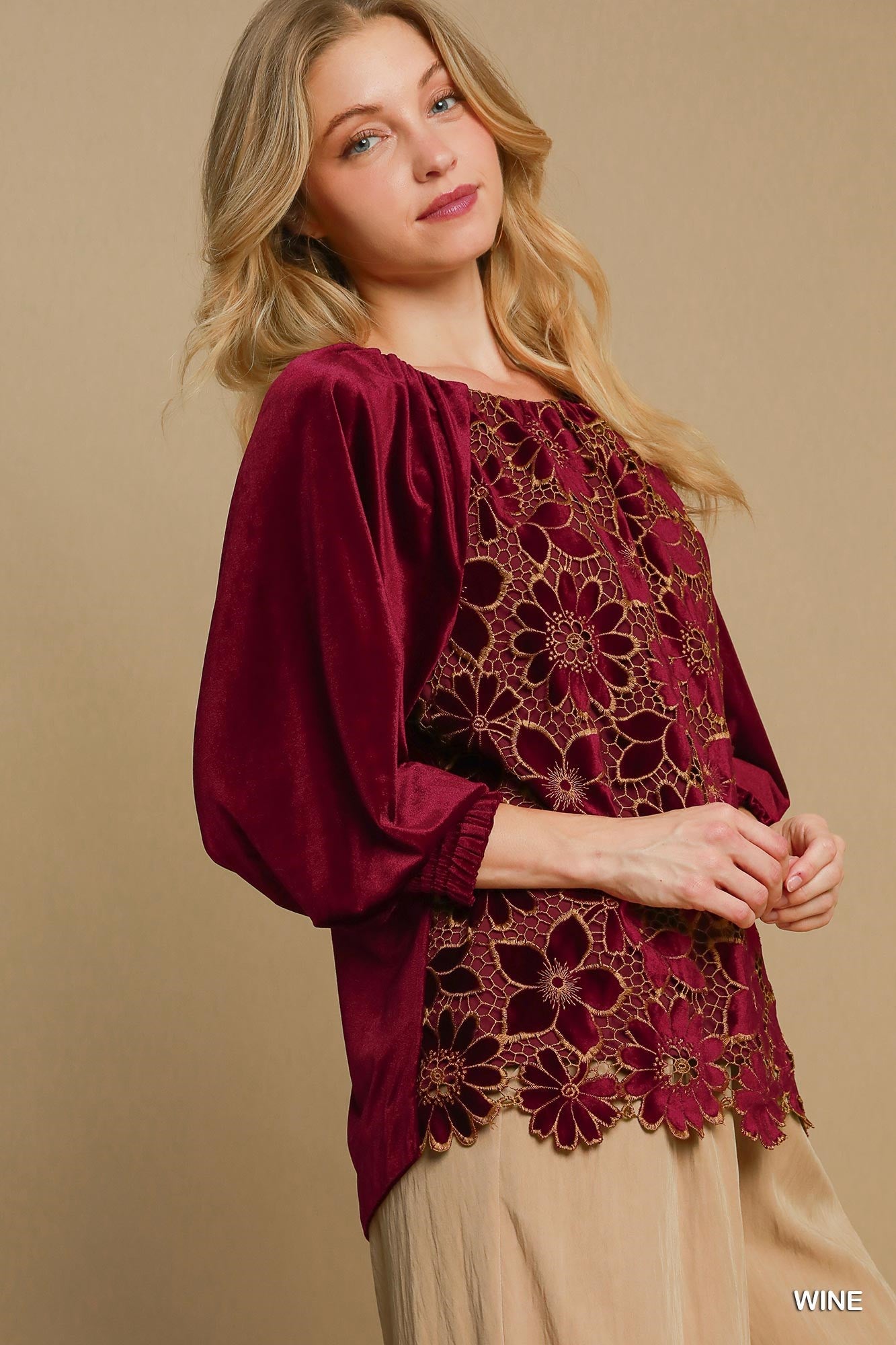 Burgundy Velvet Top w/ Floral Lace Sleeves