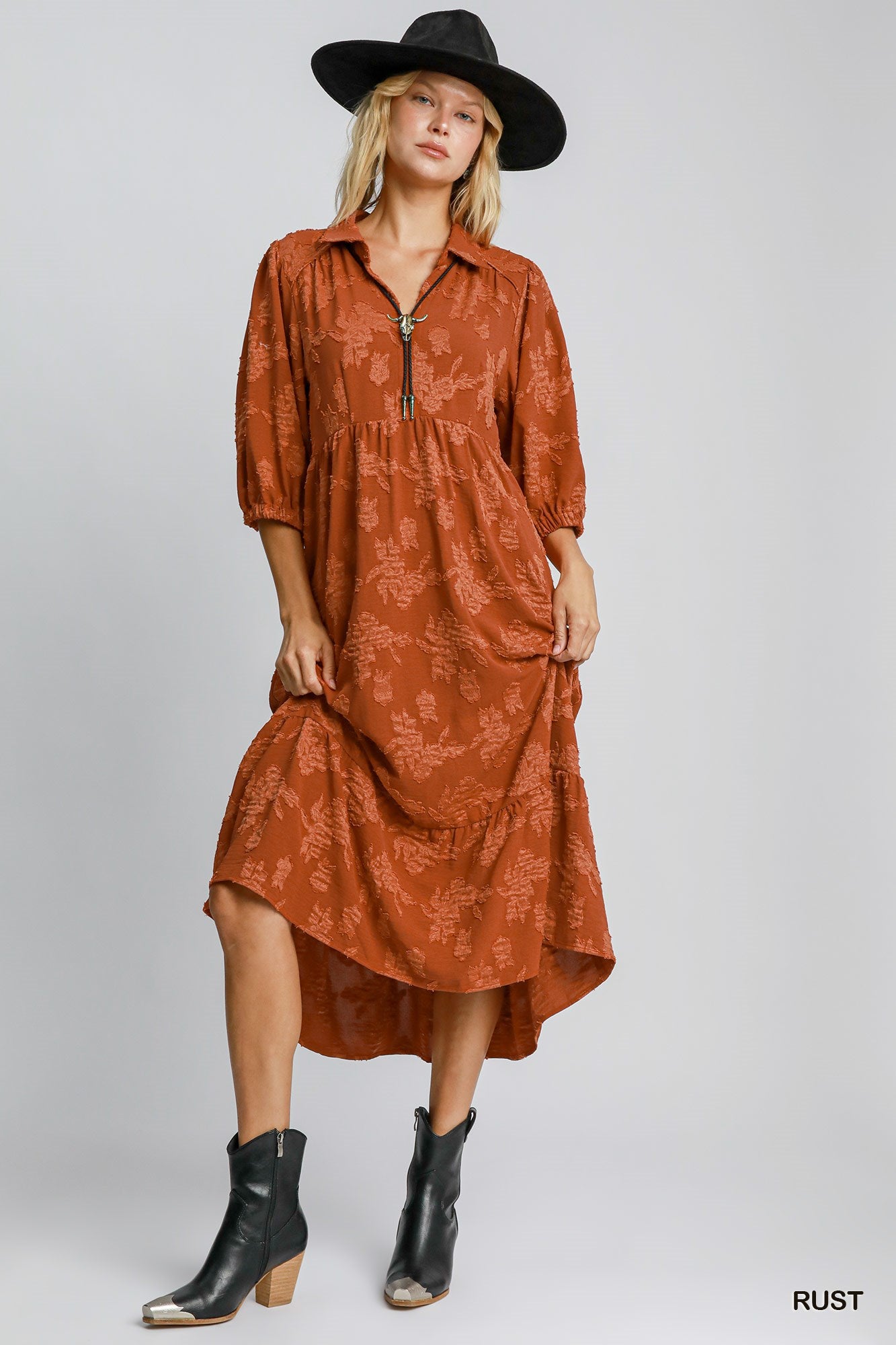 Rust Floral Burnout Midi Dress