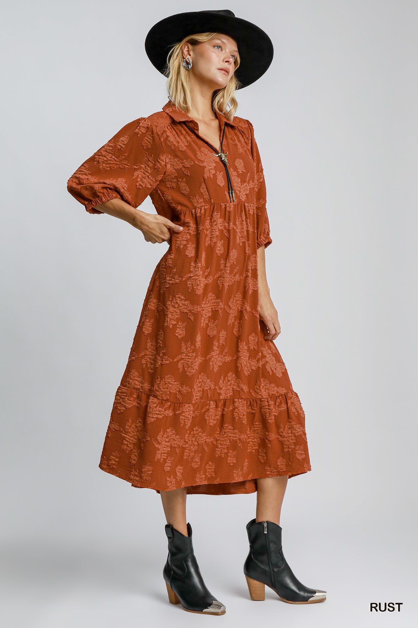 Rust Floral Burnout Midi Dress