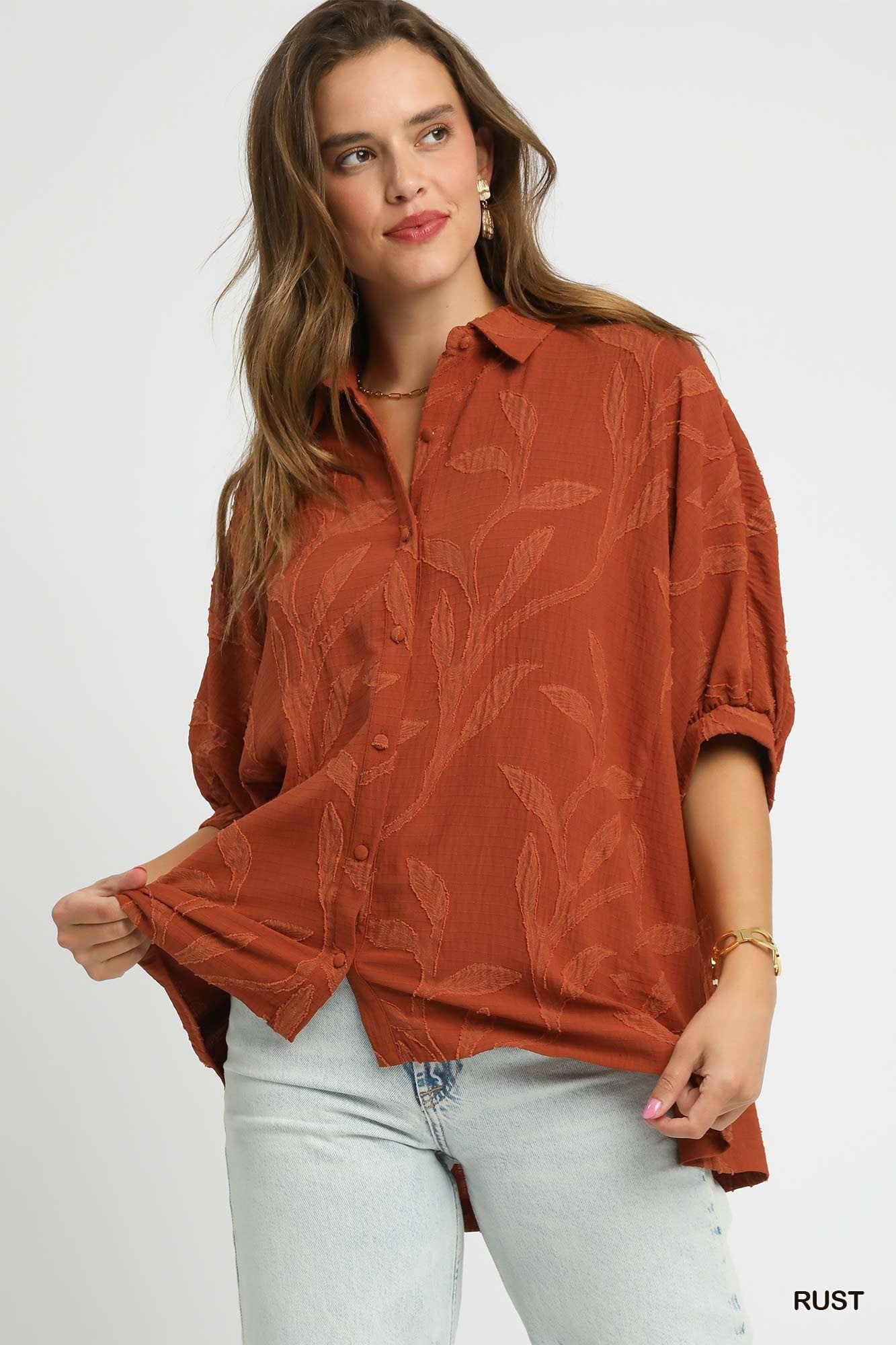 Rust Jacquard Textured Leaf Button-Down Blouse