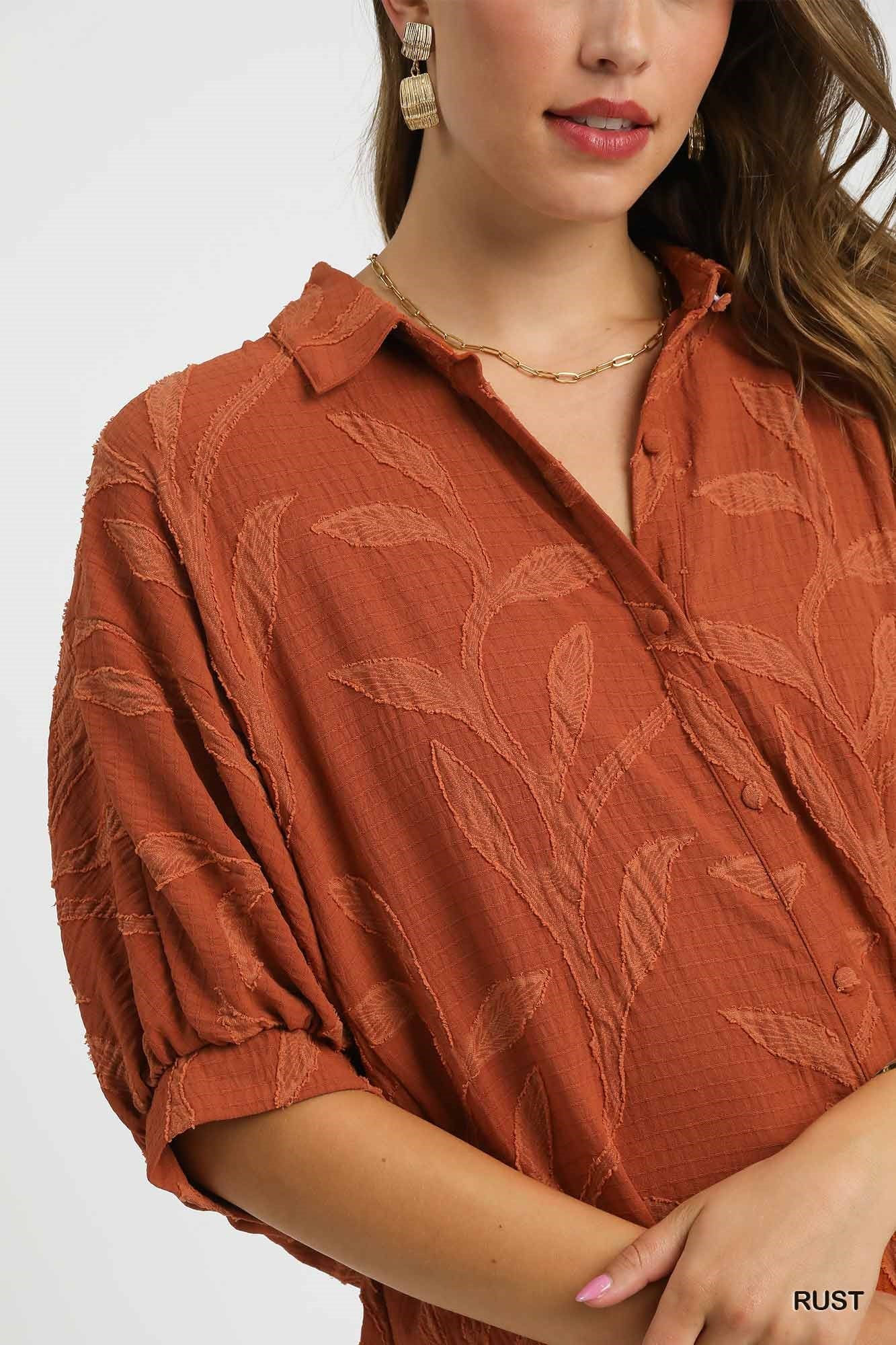 Rust Jacquard Textured Leaf Button-Down Blouse