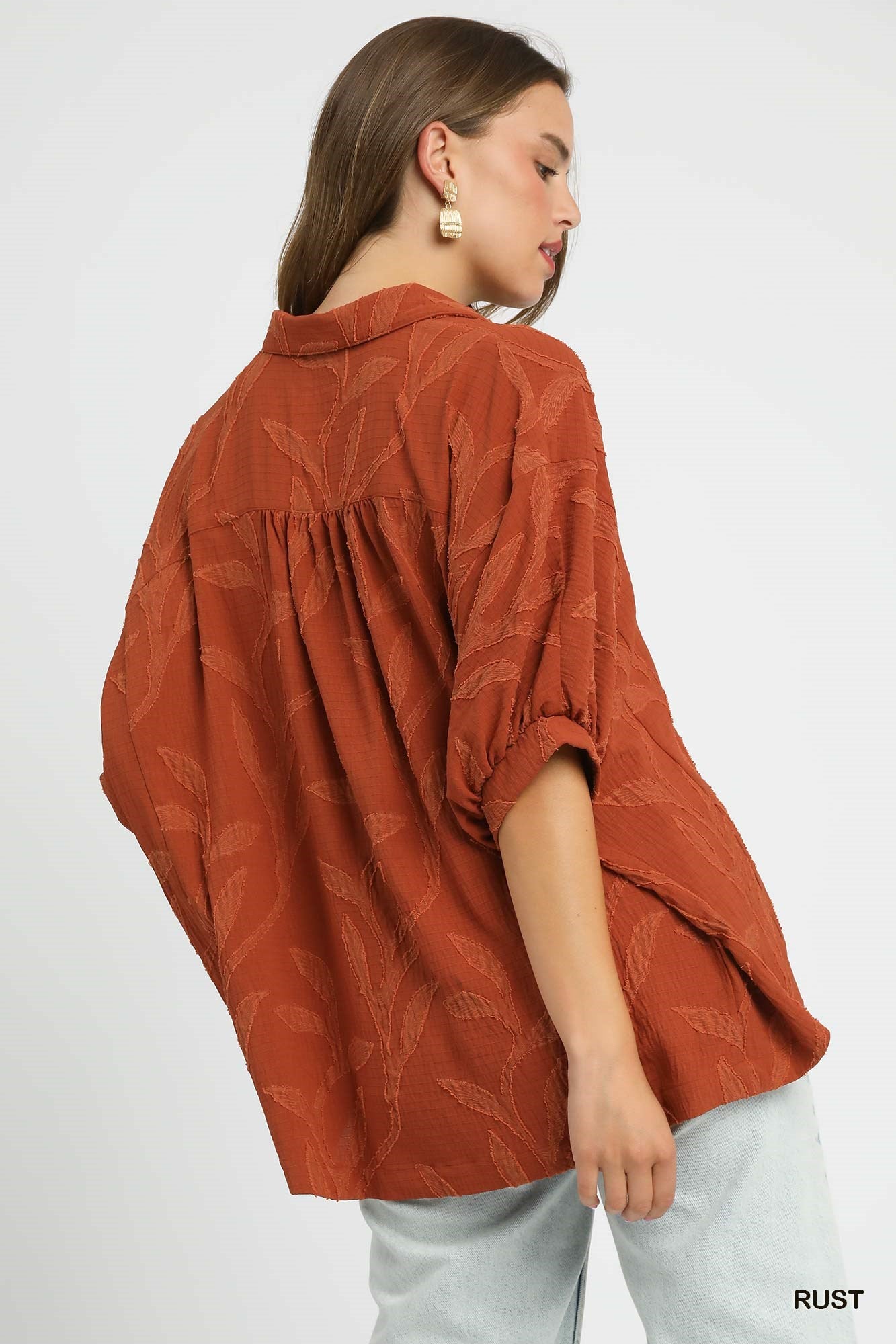 Rust Jacquard Textured Leaf Button-Down Blouse