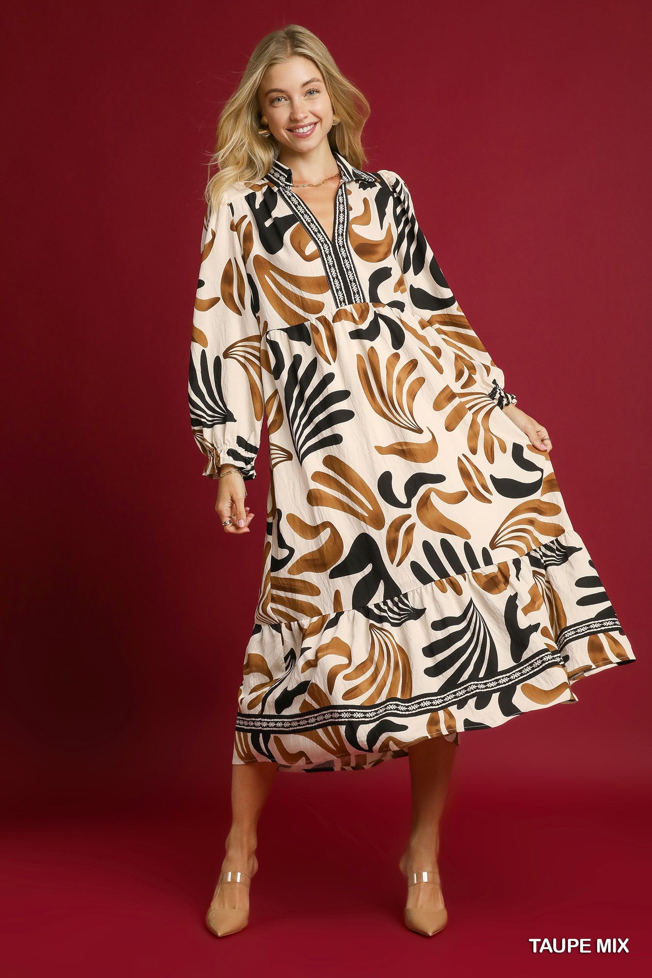 Taupe Mix Boho Leafy Print Maxi Dress