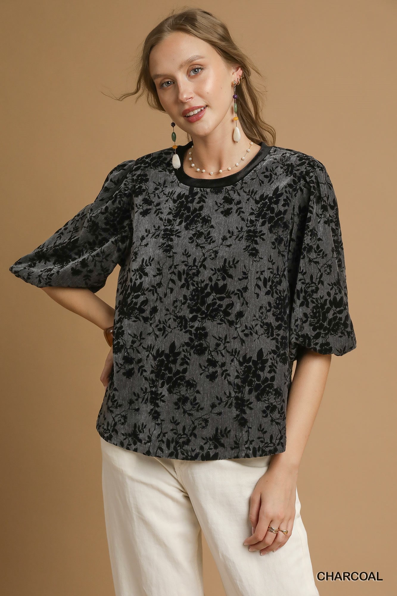 Charcoal Grey & Black Floral Burnout Velvet Top