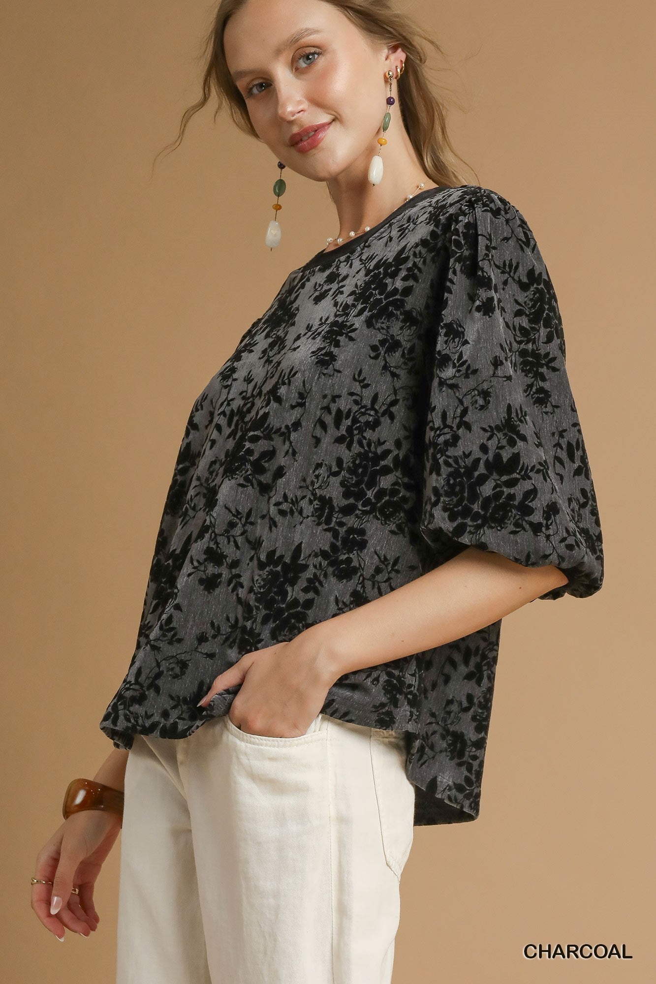 Charcoal Grey & Black Floral Burnout Velvet Top