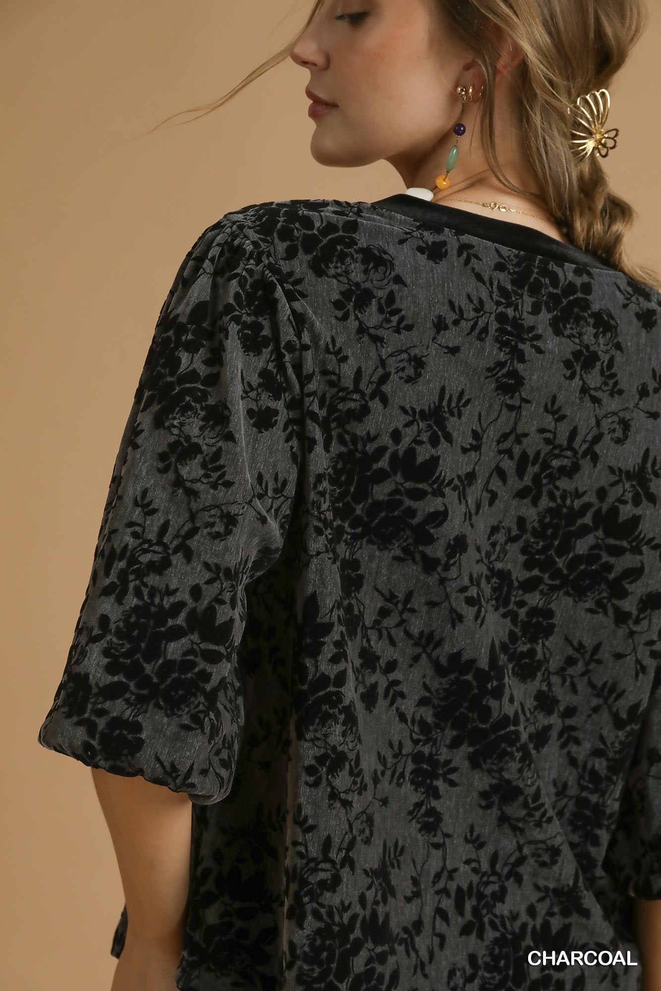 Charcoal Grey & Black Floral Burnout Velvet Top