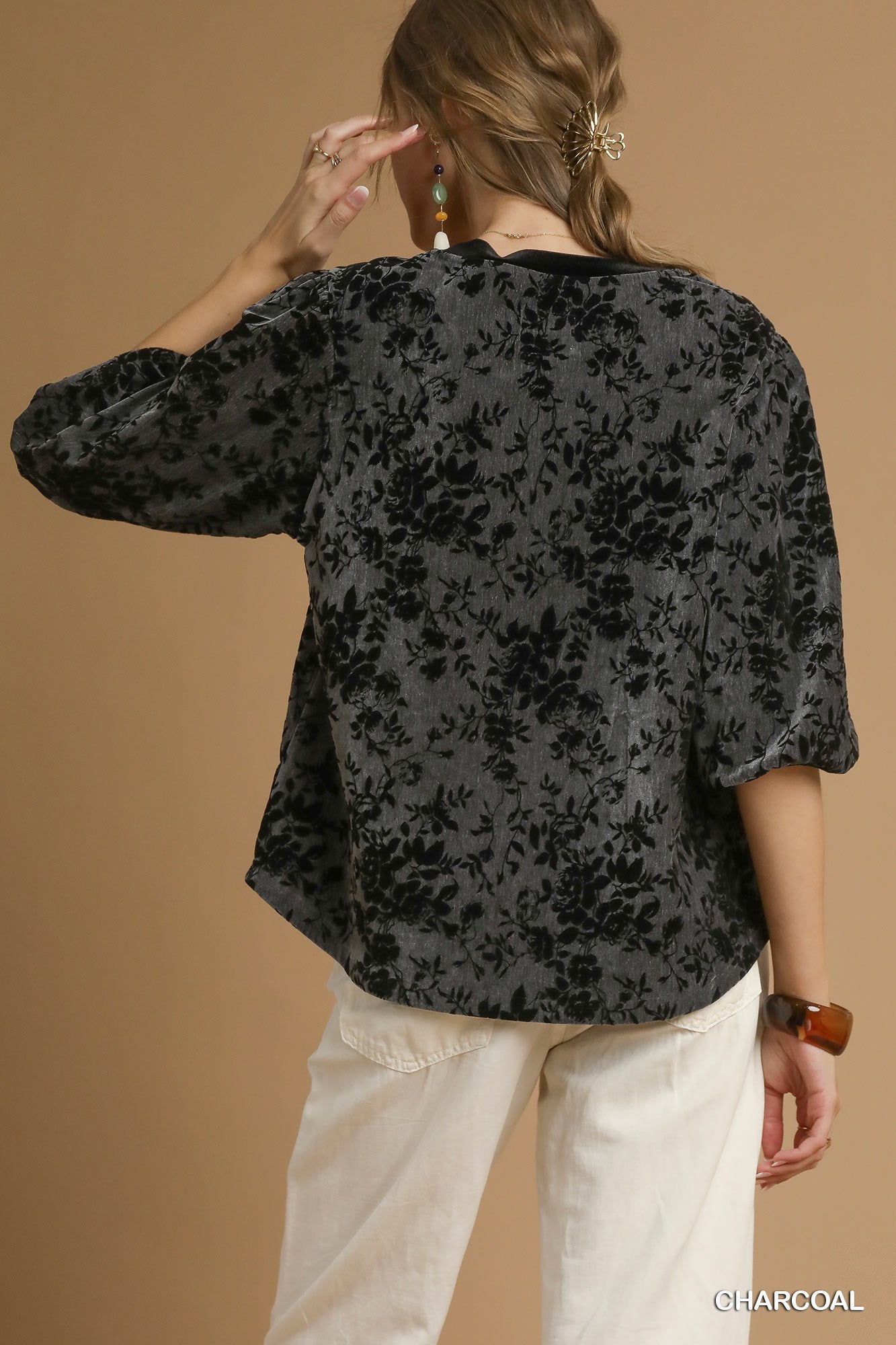 Charcoal Grey & Black Floral Burnout Velvet Top