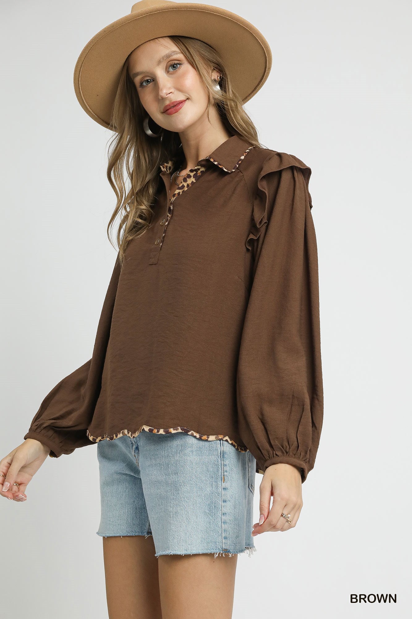 Chocolate Brown Long Sleeve Top w/ Leopard Trim