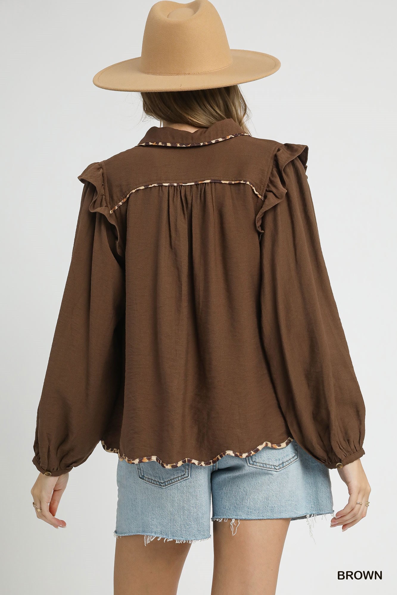 Chocolate Brown Long Sleeve Top w/ Leopard Trim