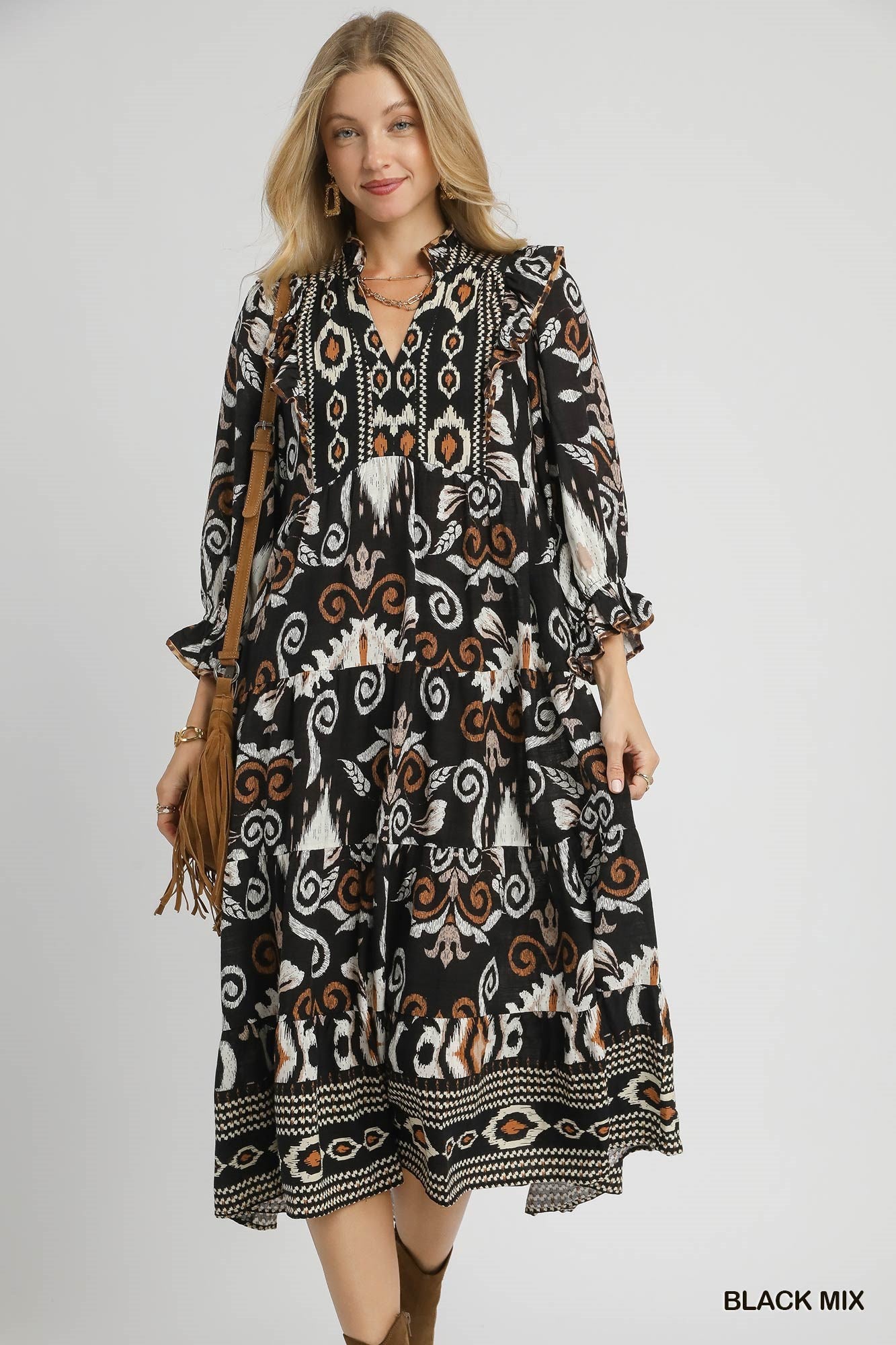 Black Mix Bohemian Ruffle Trim Tiered Midi Dress
