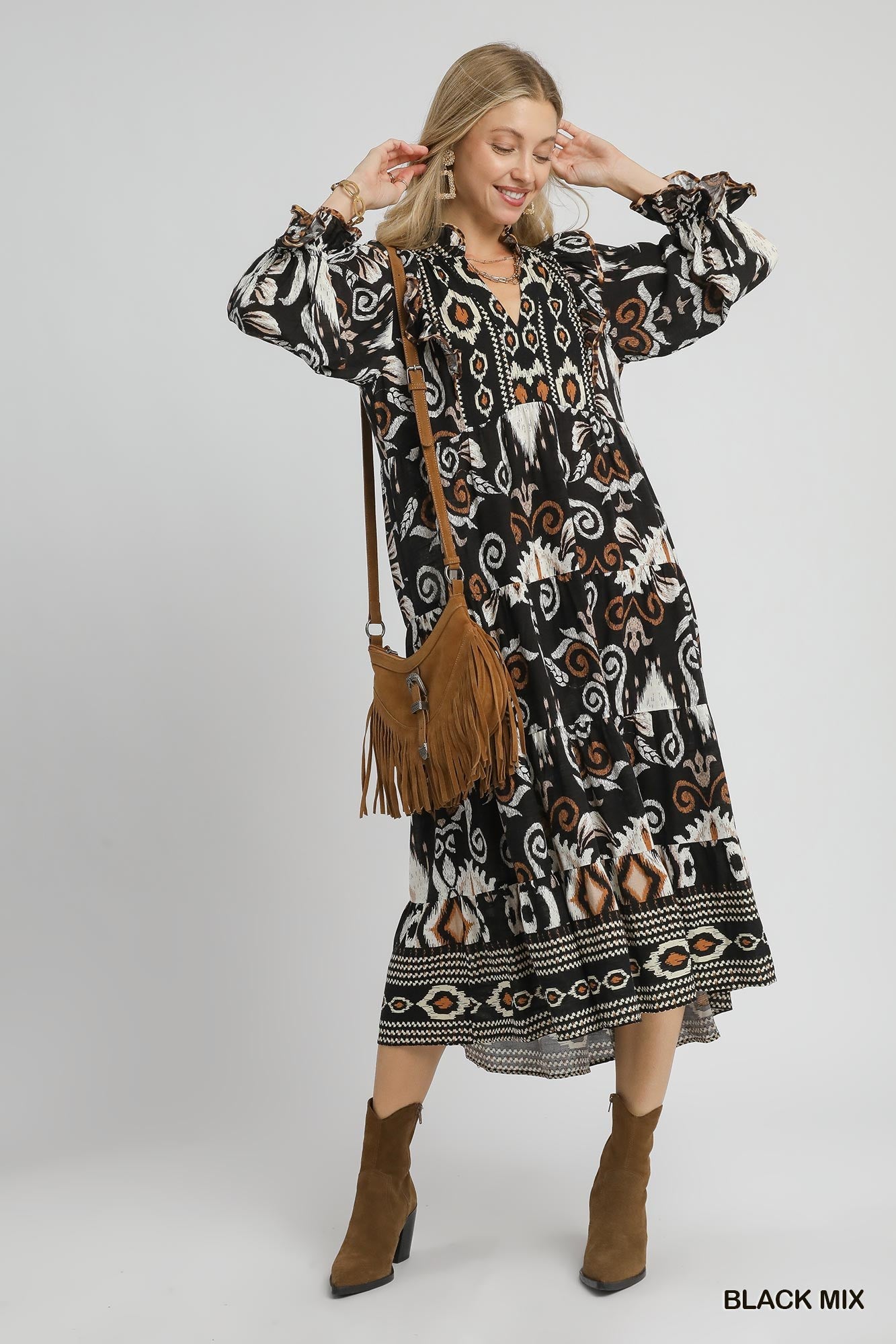 Black Mix Bohemian Ruffle Trim Tiered Midi Dress
