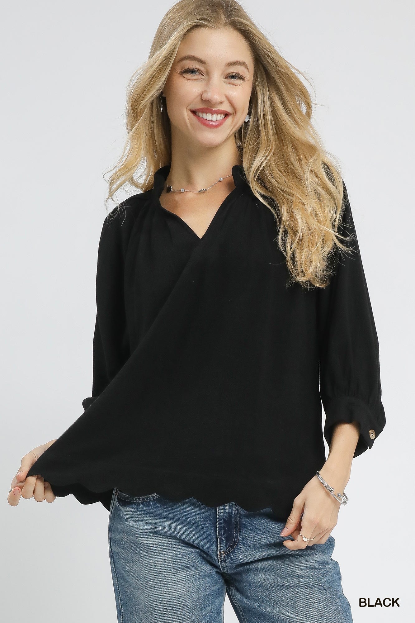 Black Linen  Blend Scallop Hem Blouse