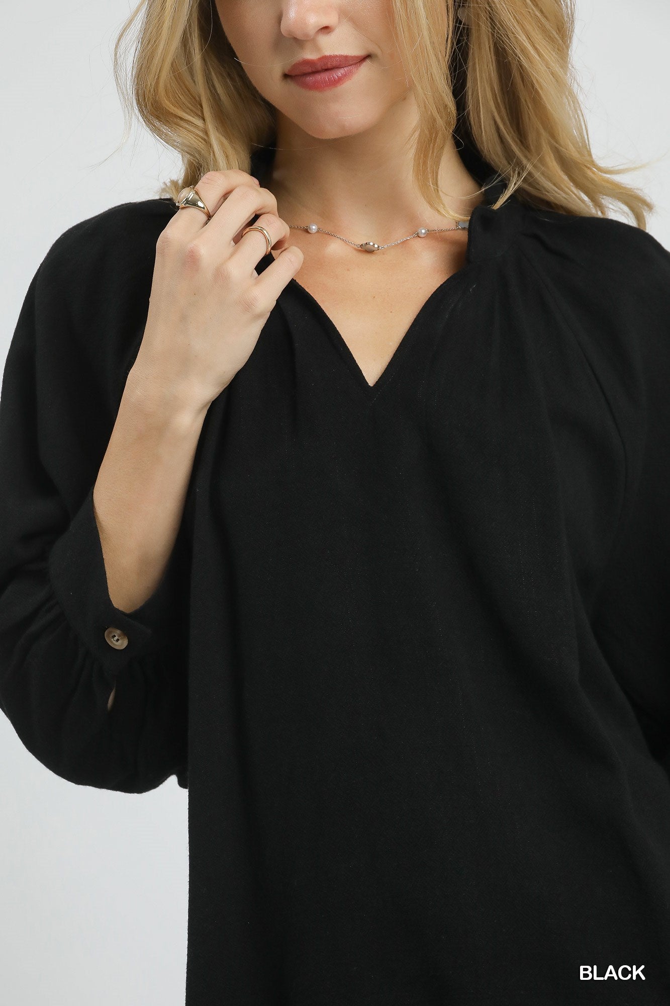 Black Linen  Blend Scallop Hem Blouse