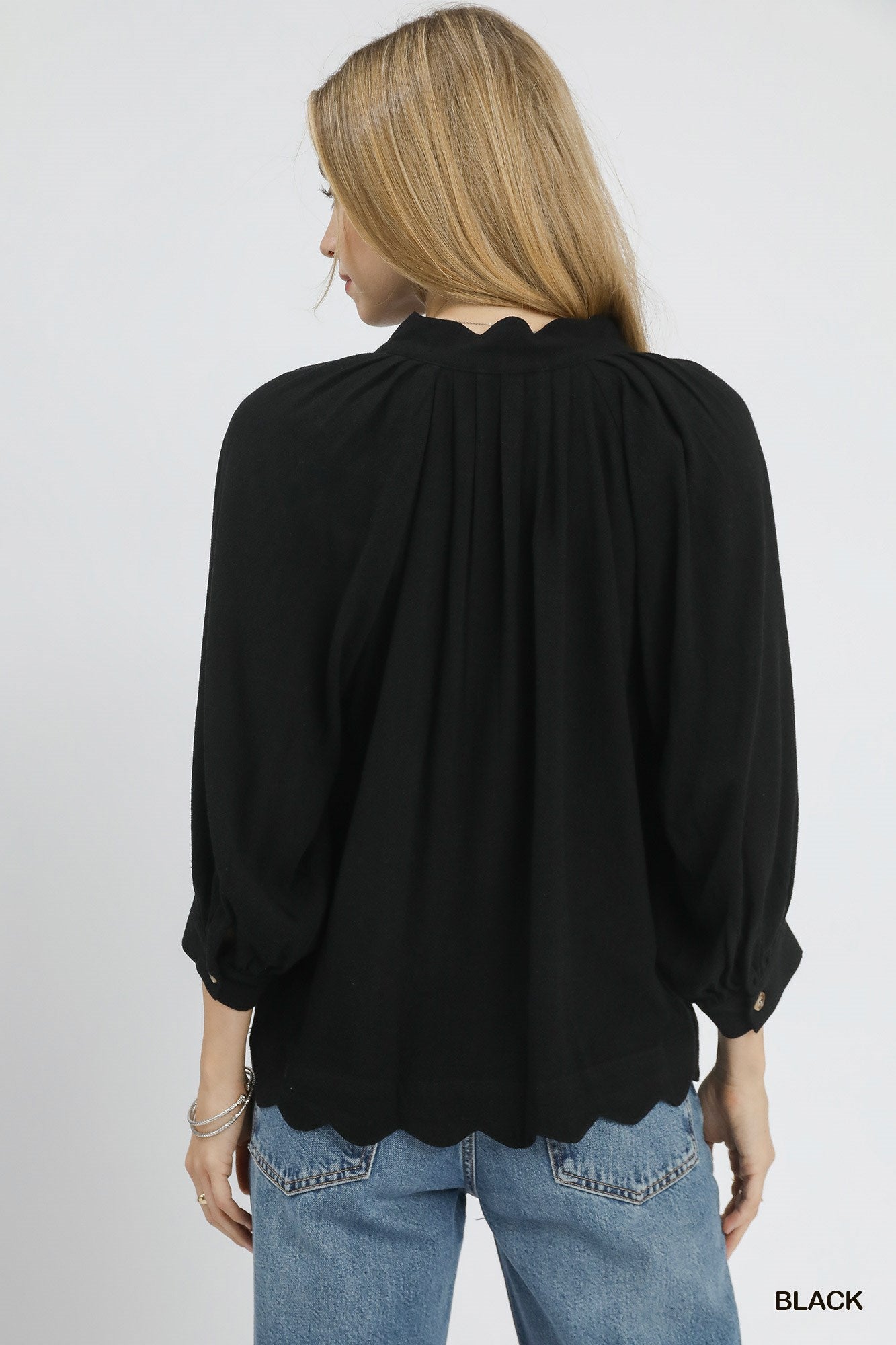 Black Linen  Blend Scallop Hem Blouse