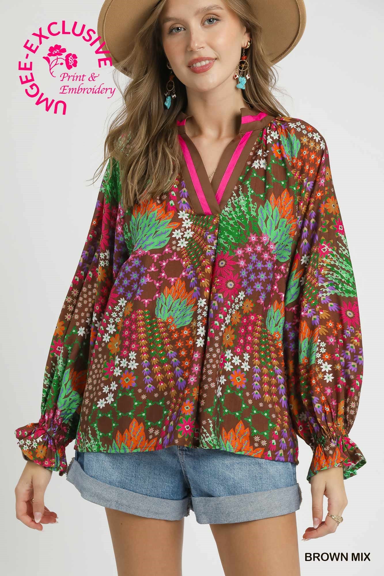 Brown Mix Floral Print V-Neck Top