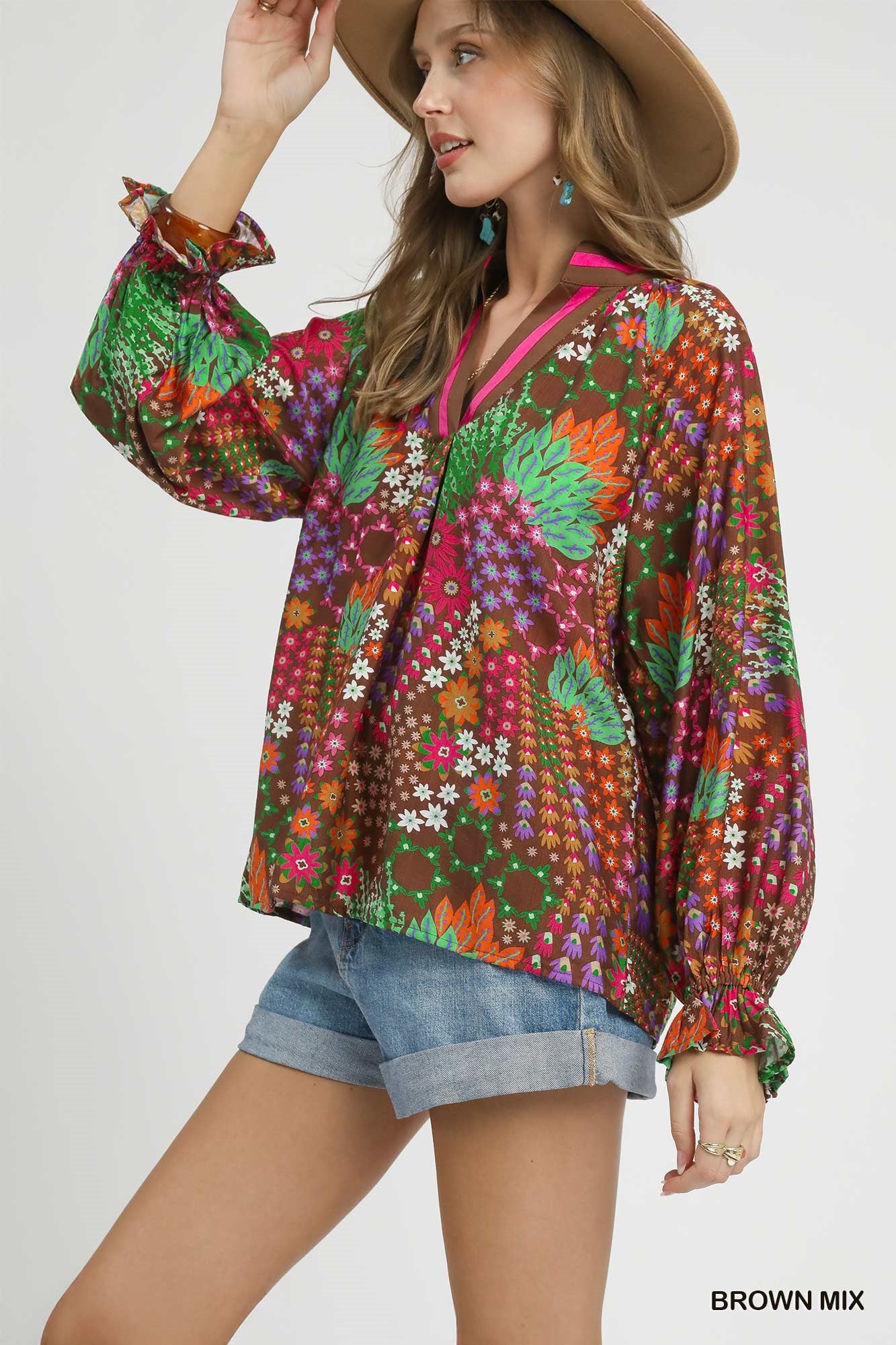 Brown Mix Floral Print V-Neck Top