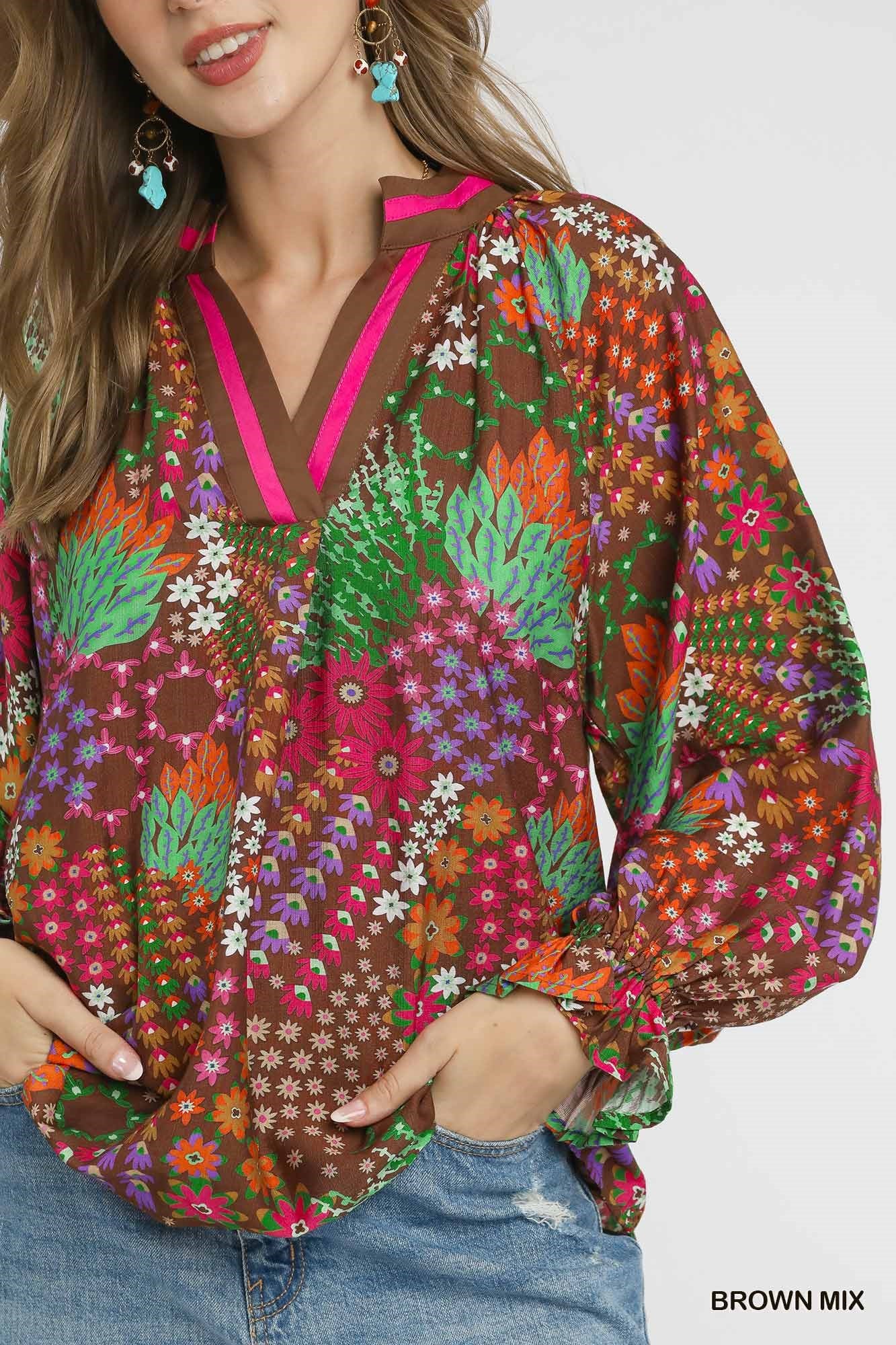 Brown Mix Floral Print V-Neck Top