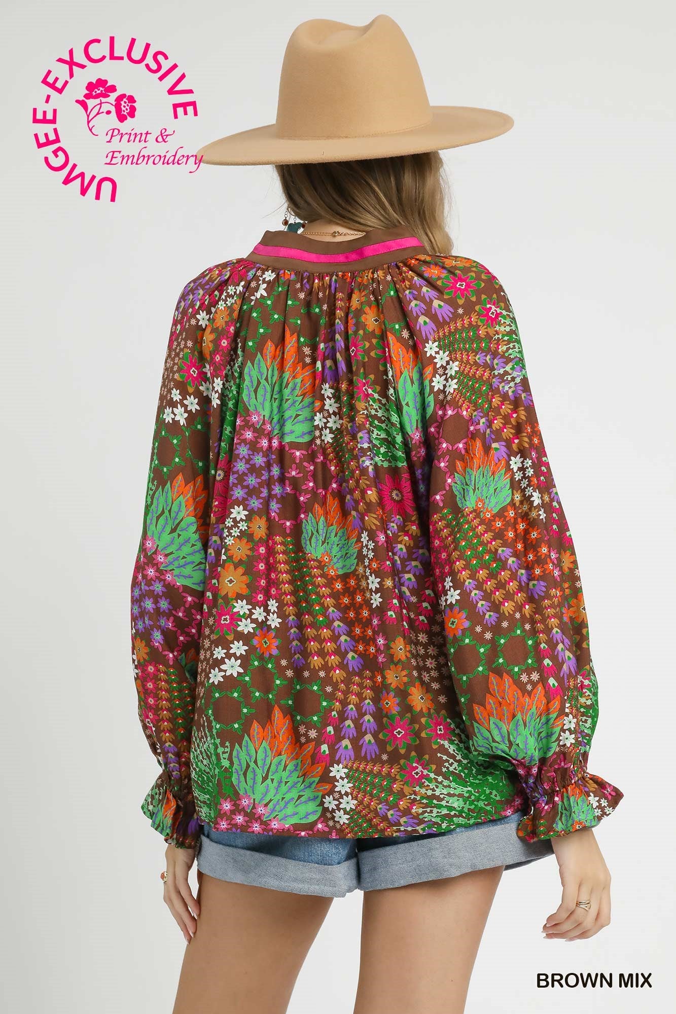 Brown Mix Floral Print V-Neck Top