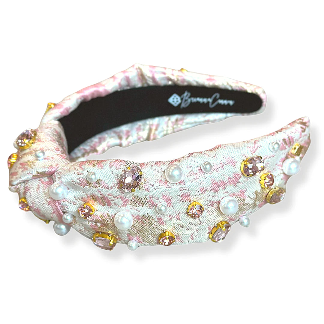 Blush Pink Jacquard Metallic Headband with Crystals and Pearls