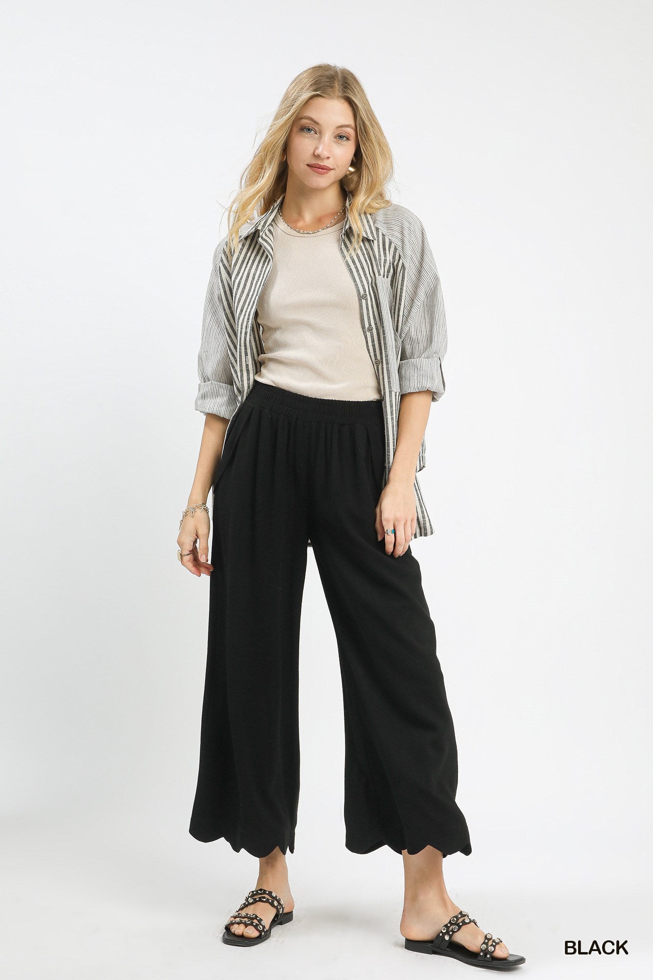Black Linen Blend Scallop Hem Wide Leg Pants