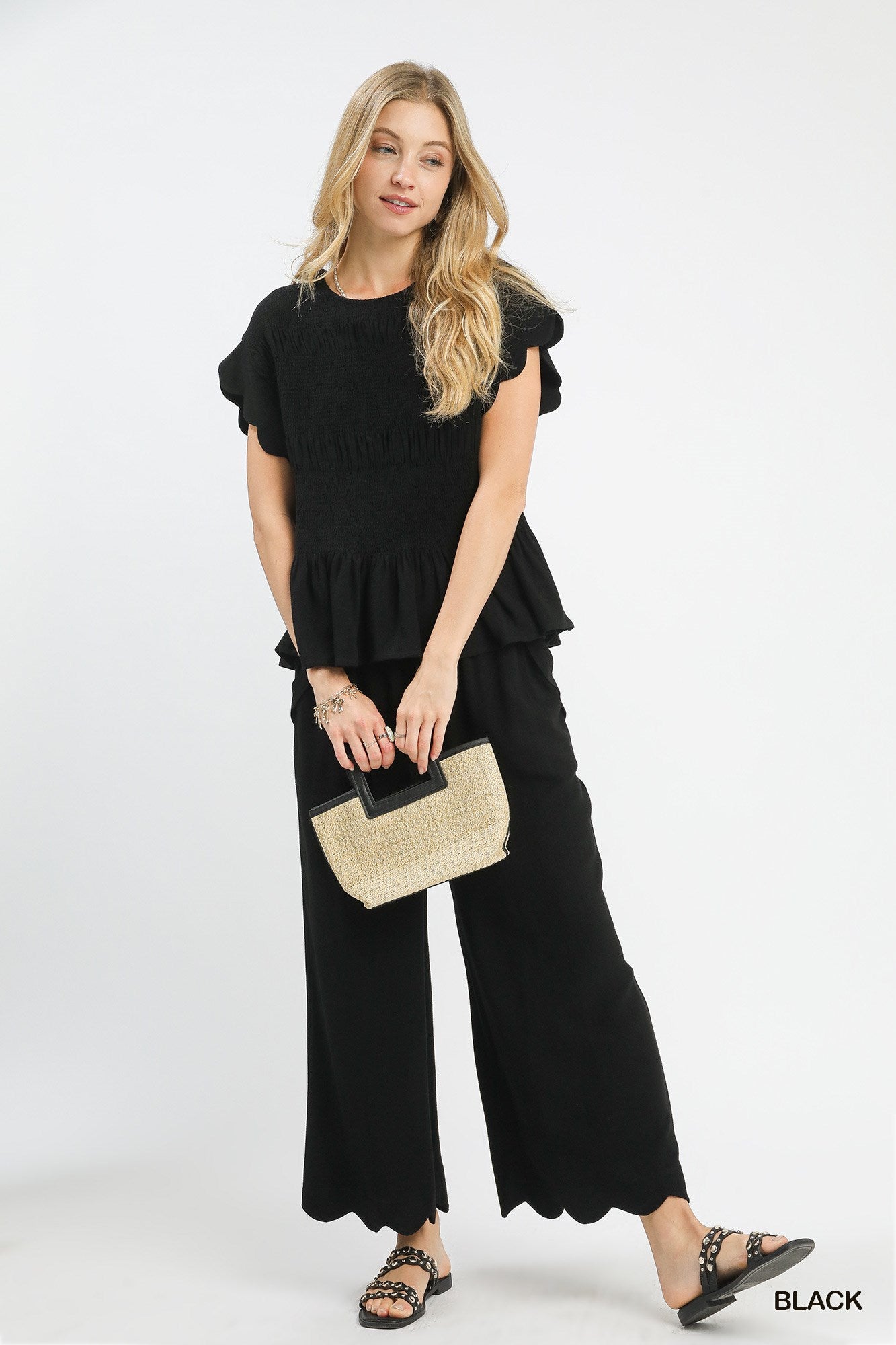 Black Linen Blend Scallop Hem Wide Leg Pants