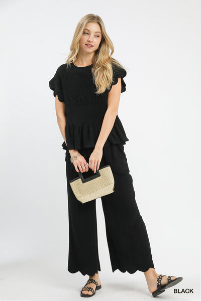 Black Linen Blend Scallop Hem Wide Leg Pants