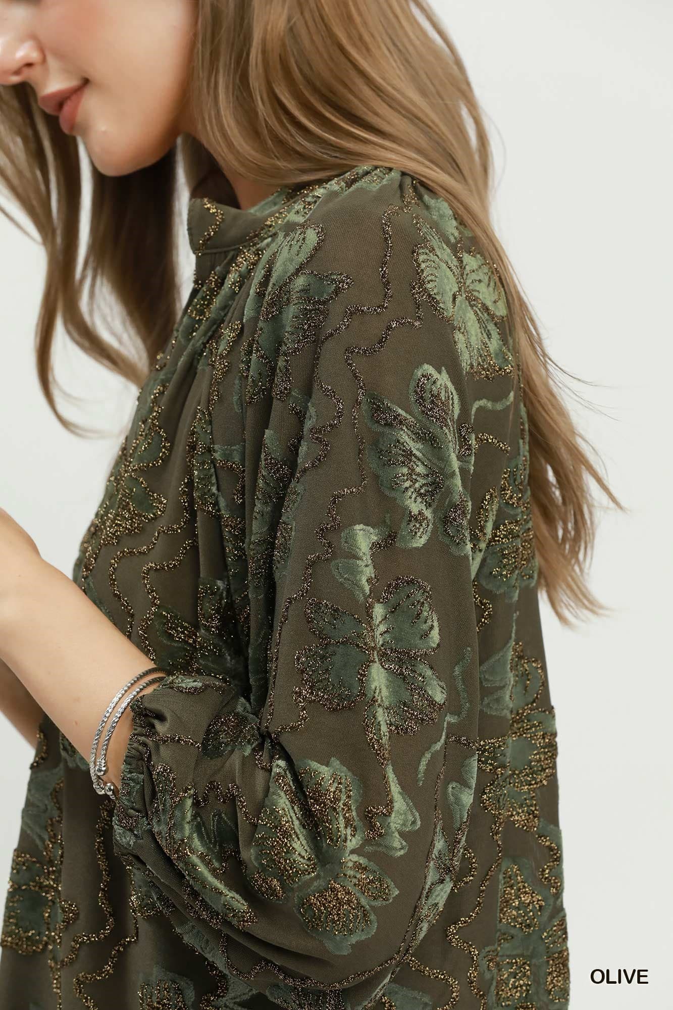 Olive Shimmer Velvet Floral Blouse