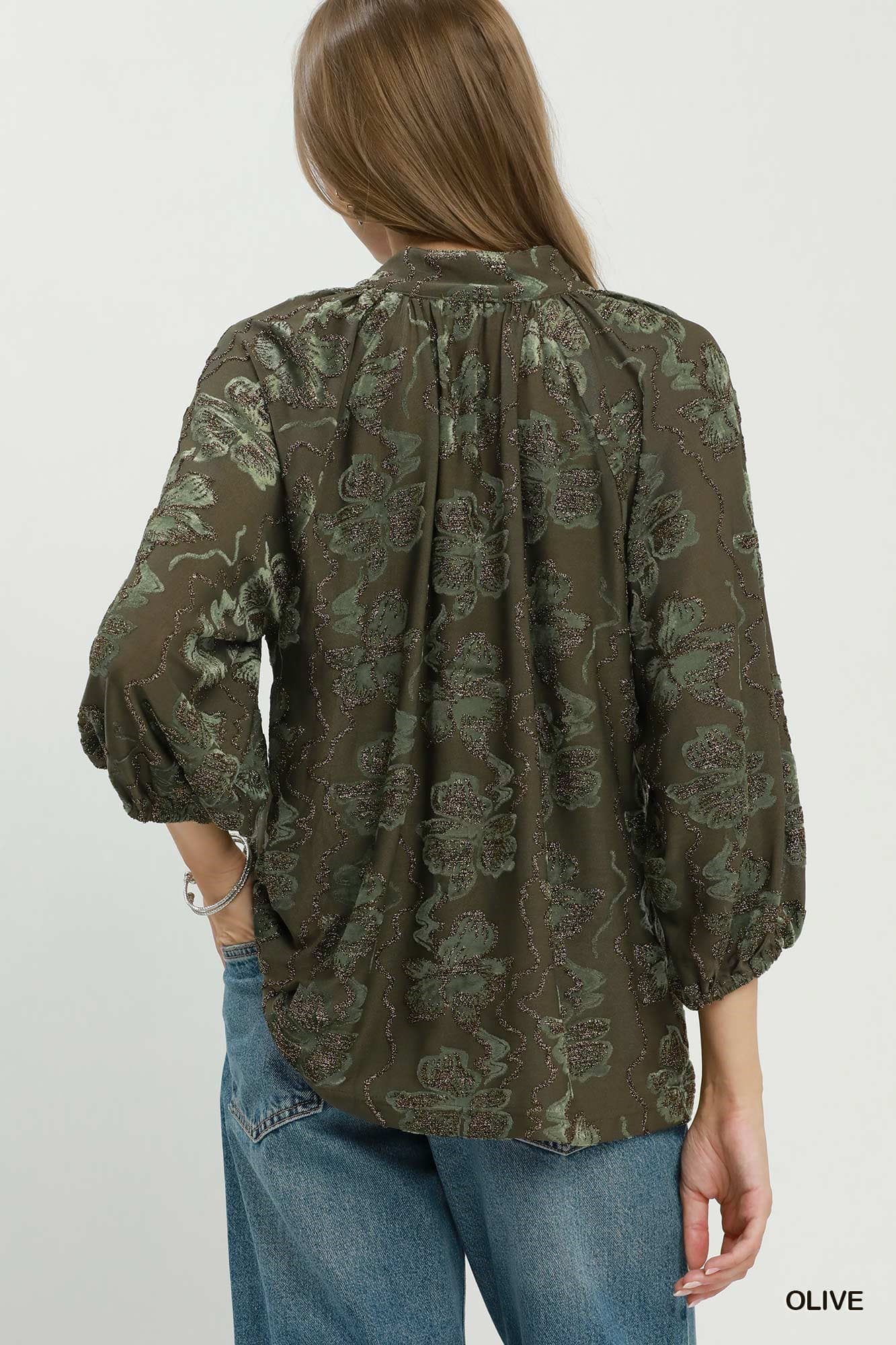 Olive Shimmer Velvet Floral Blouse