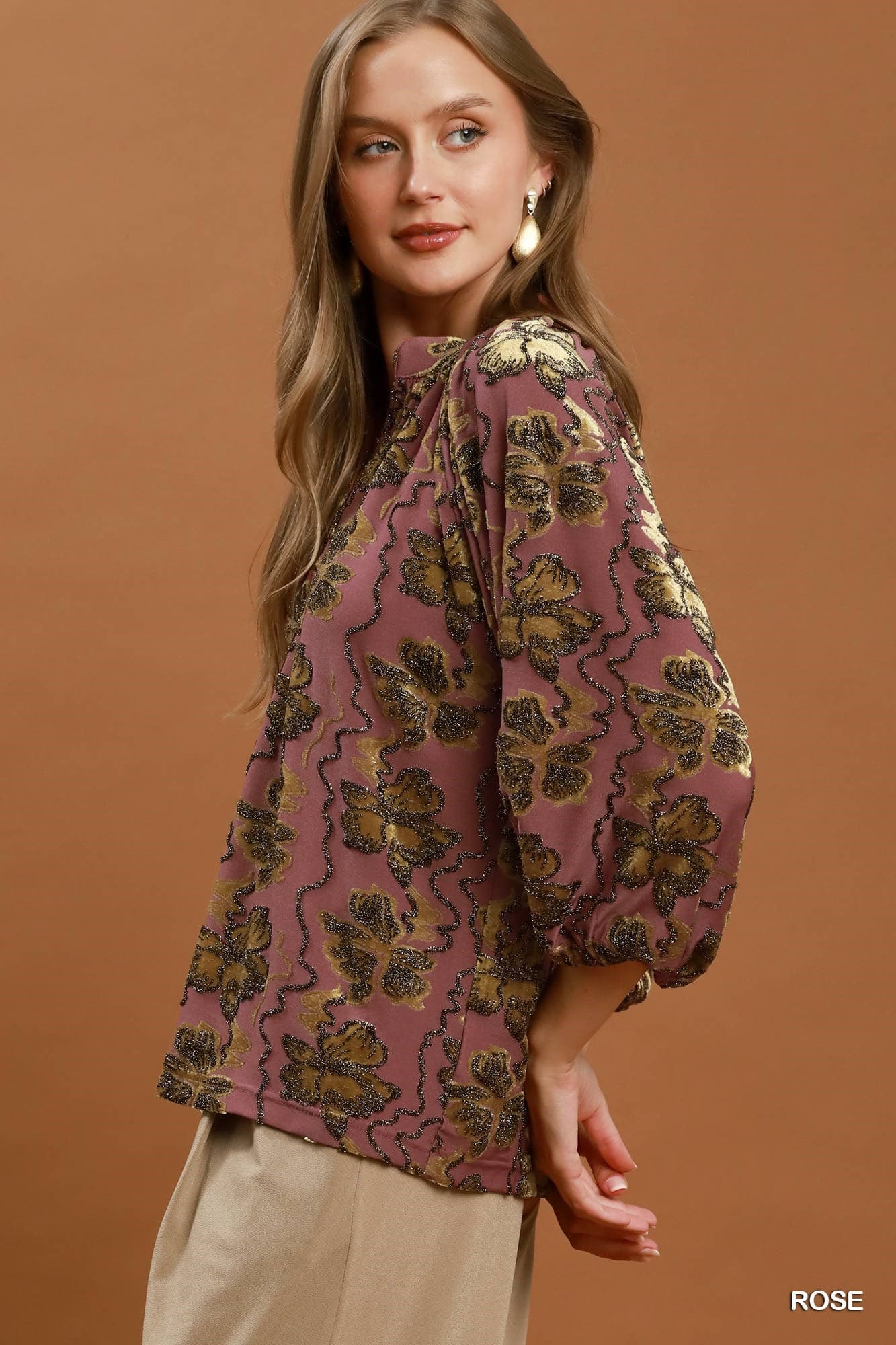 Rose Gold Shimmer Velvet Floral Blouse