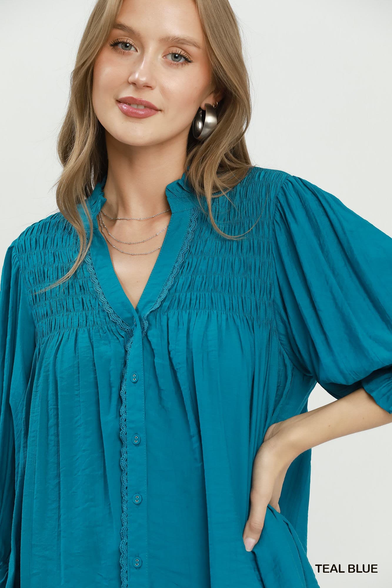 Teal Soft Romance Smocked Blouse