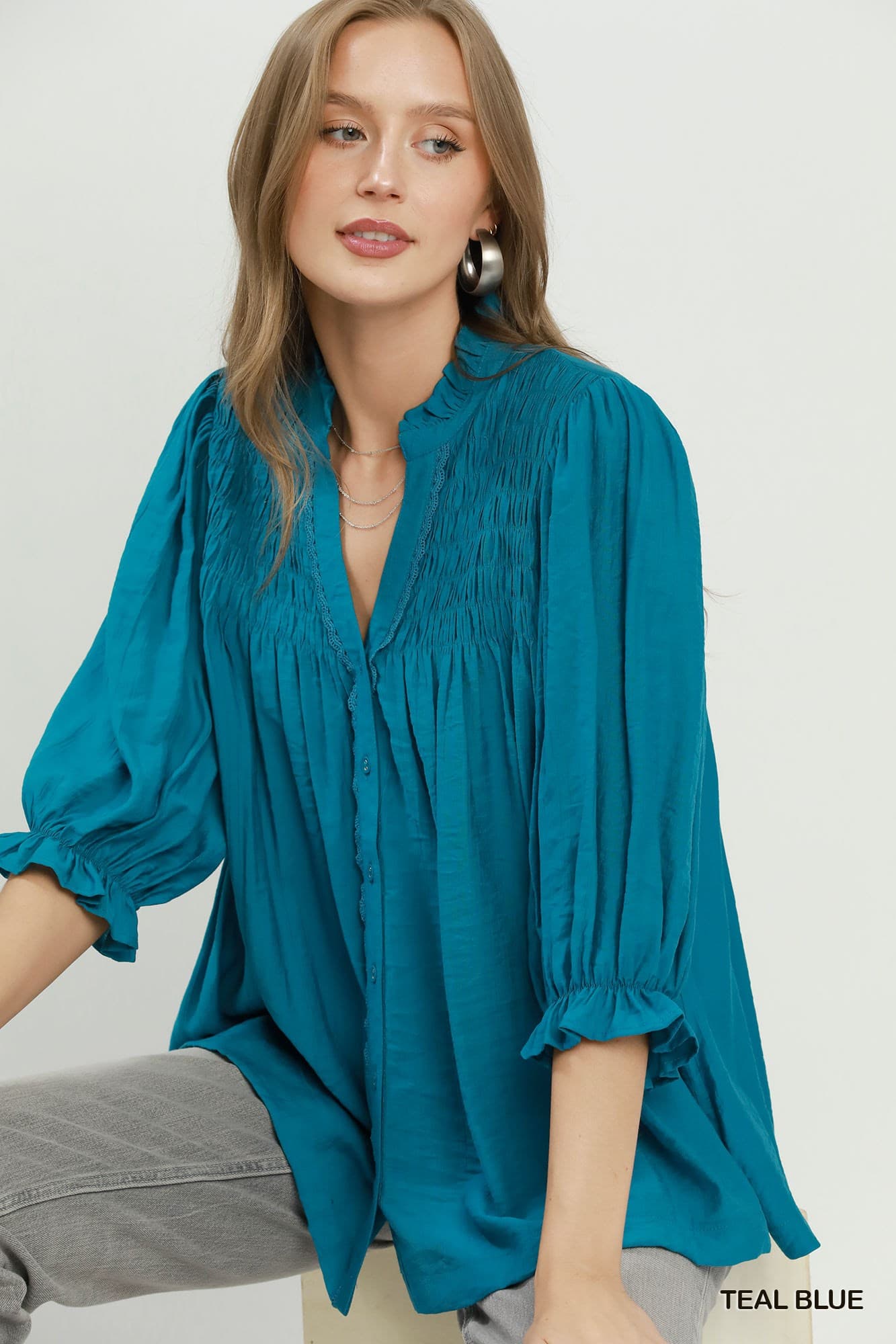 Teal Soft Romance Smocked Blouse