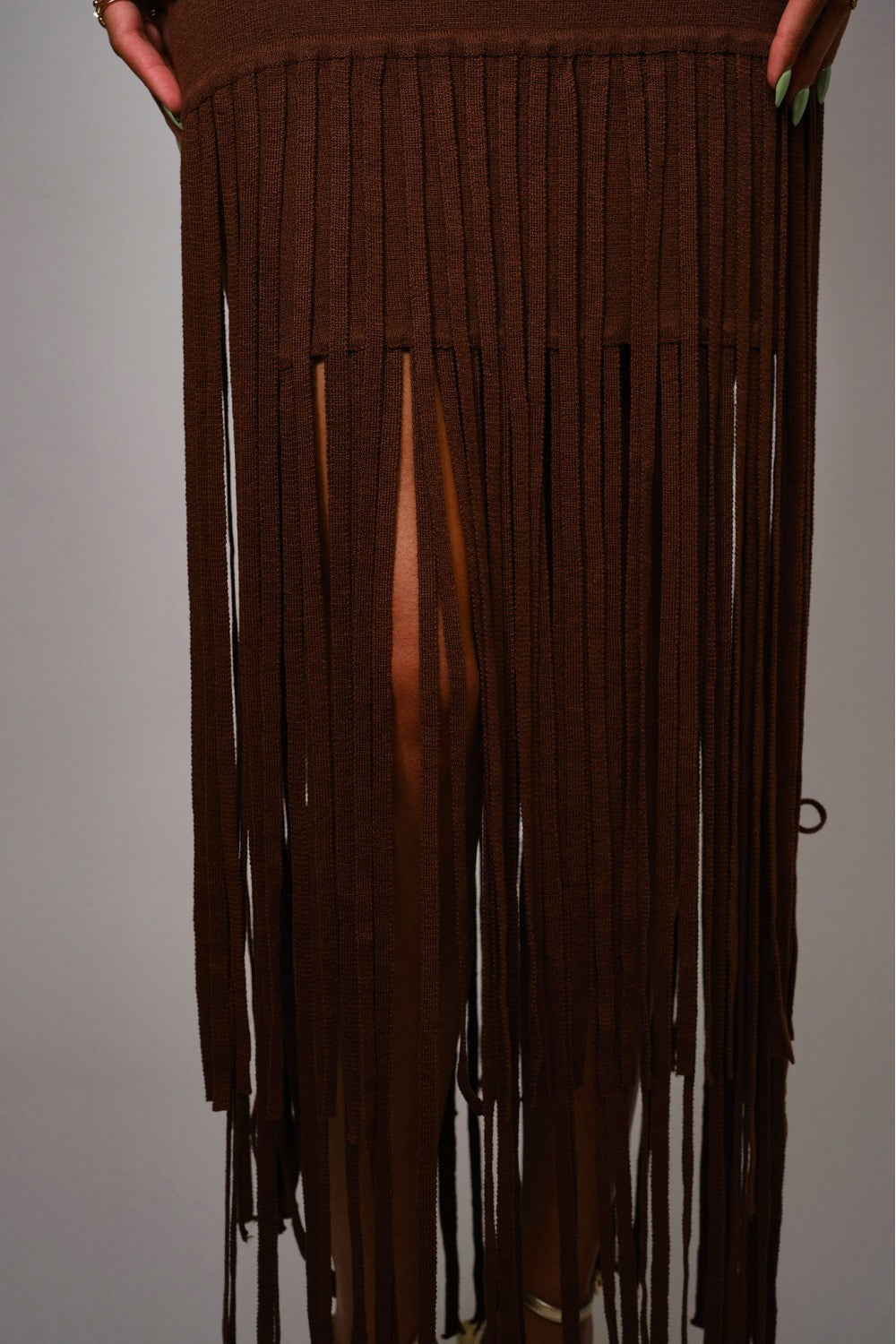 Fringe Hem Knit Maxi Dress