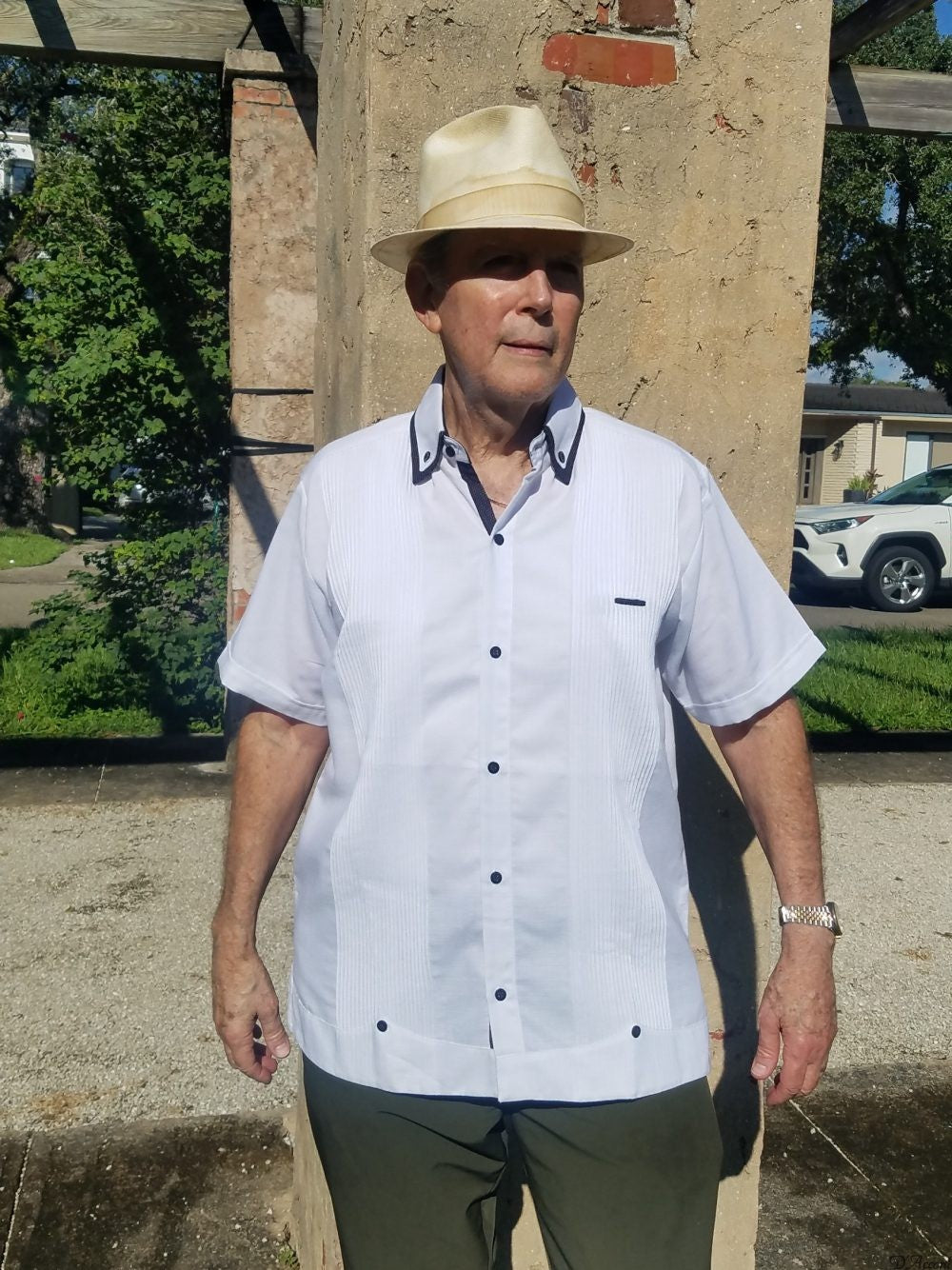 Men's White Guayabera w/ Navy Detailing