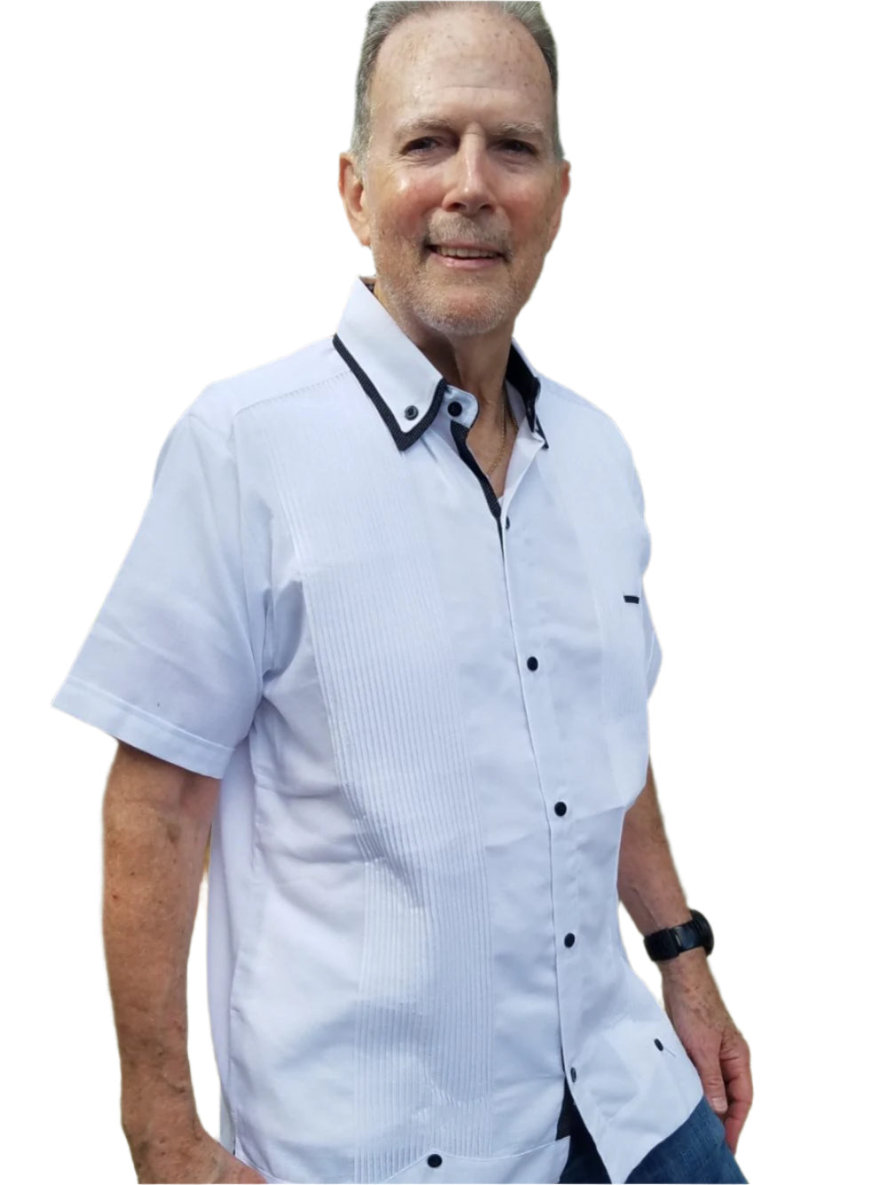 Men's White Guayabera w/ Navy Detailing