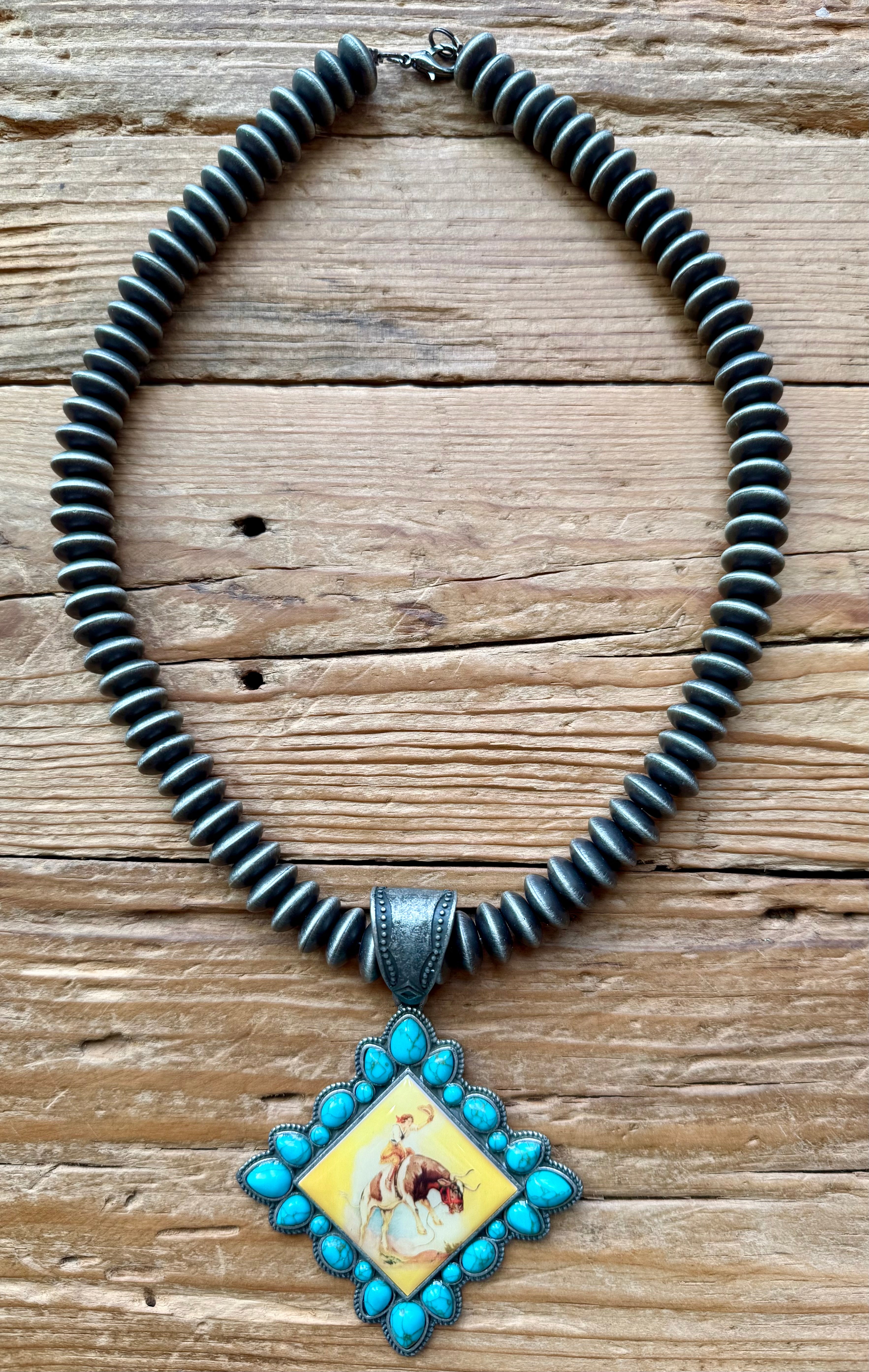 Vintage Western Scene Pendant on Faux Navajo Pearls w/ Earrings/Light Background