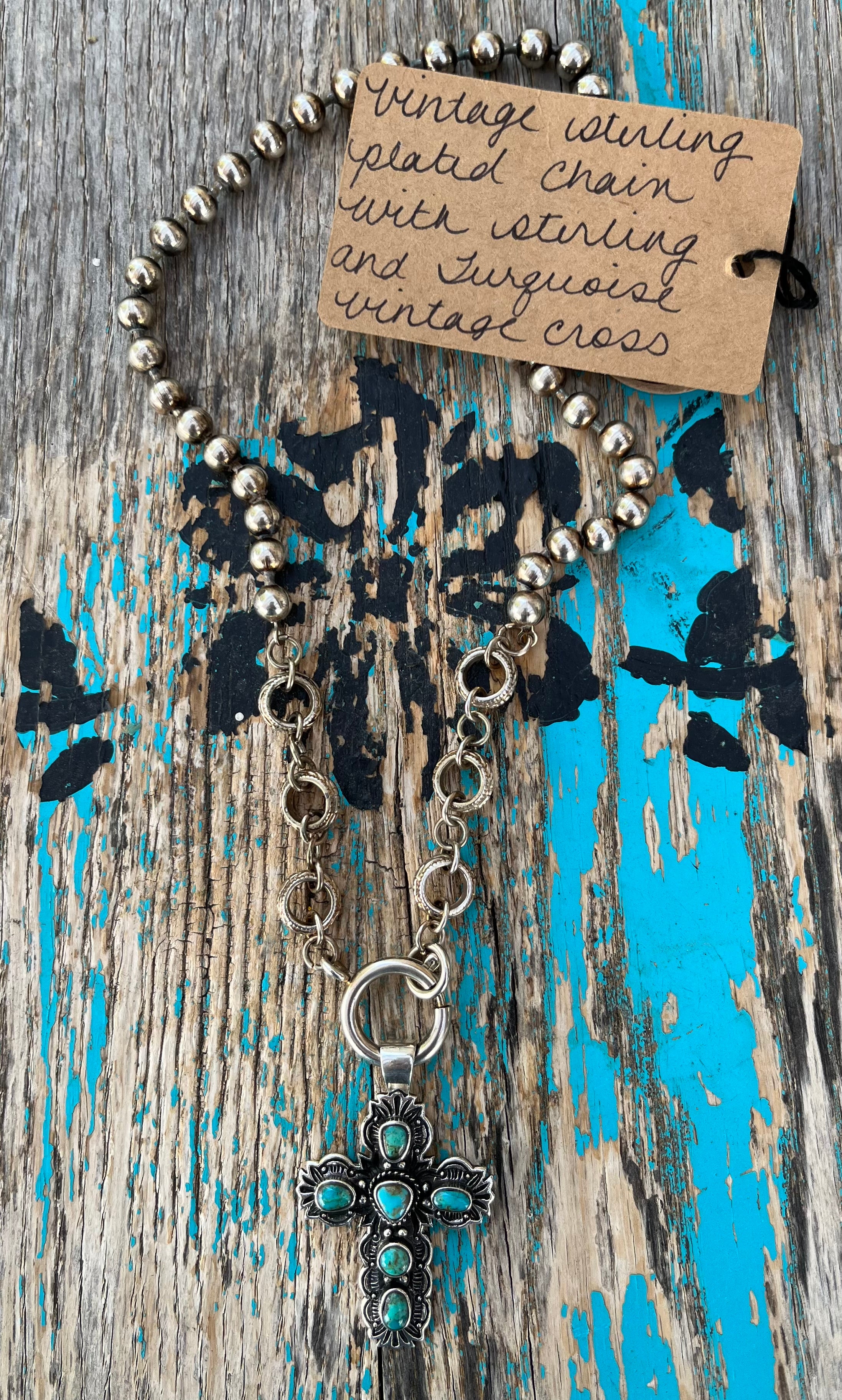 Sterling & Turquoise Cross on Vintage Chain