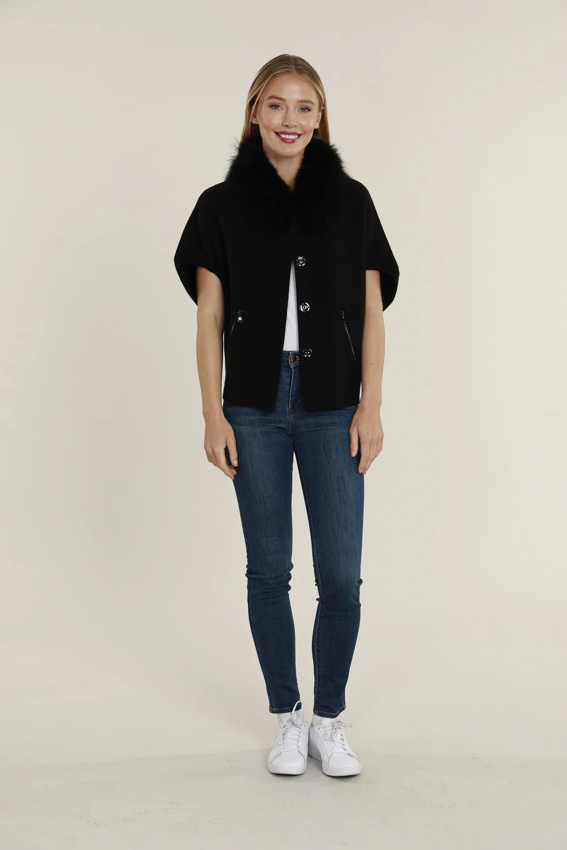 Faux Fur Collar Short Sleeve Cardigan- Black