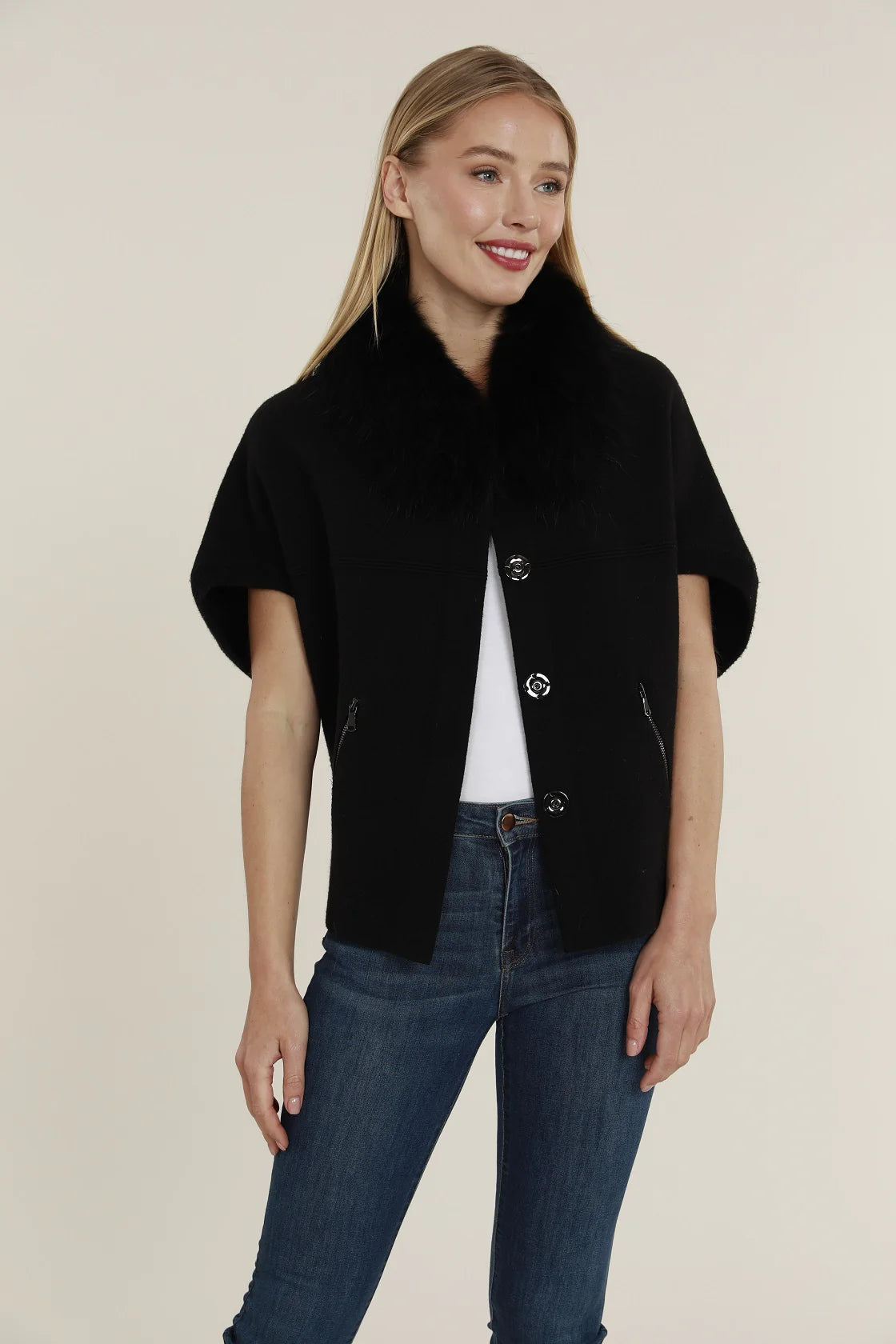 Faux Fur Collar Short Sleeve Cardigan- Black
