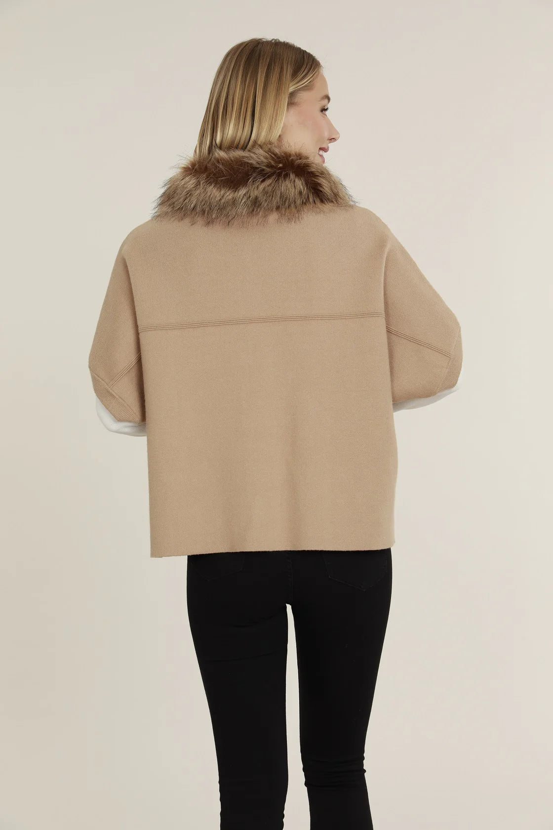 Faux Fur Collar Short Sleeve Cardigan- Camel