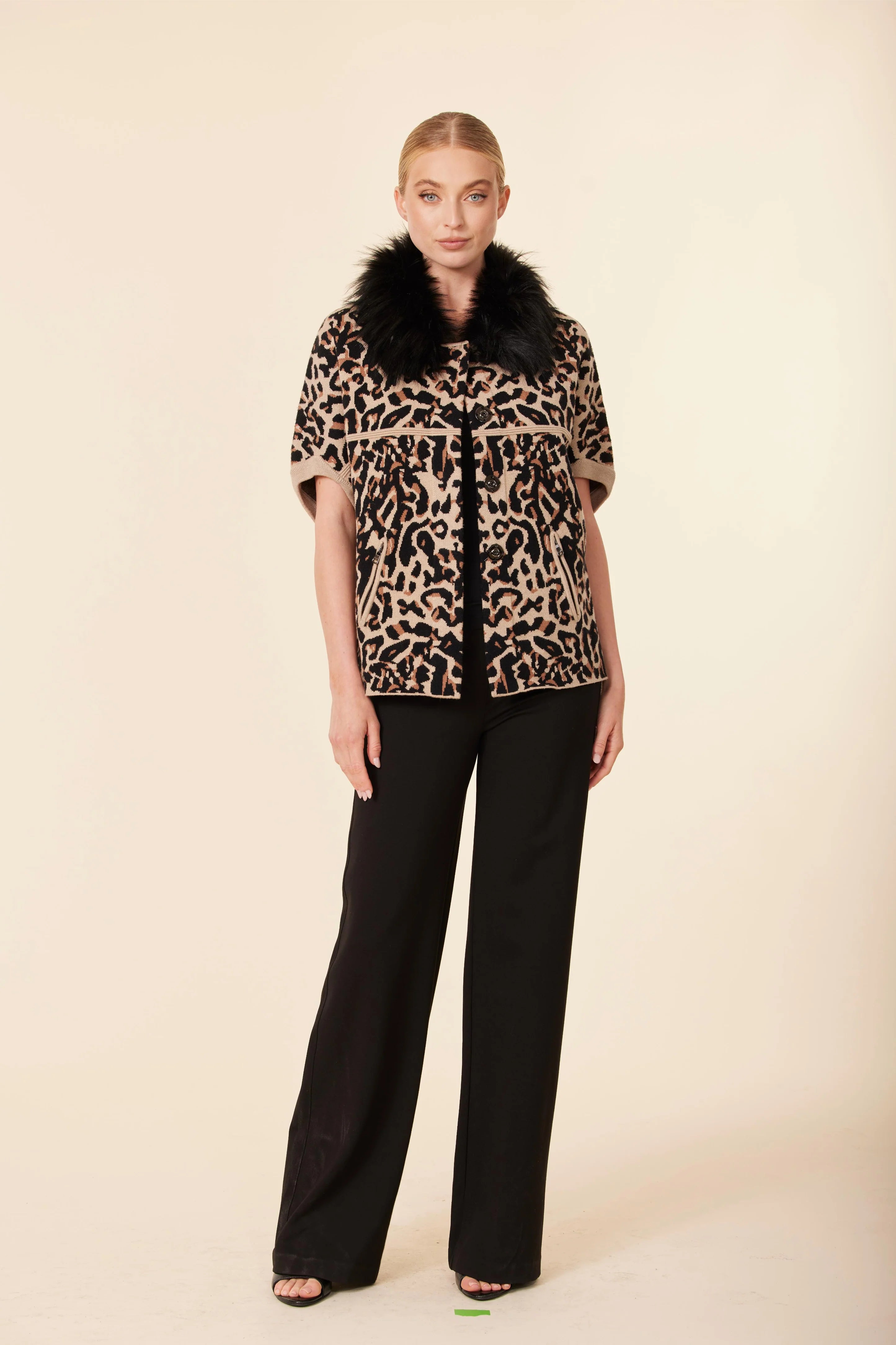 Animal Print Faux Fur Trimmed Cocoon Cardigan