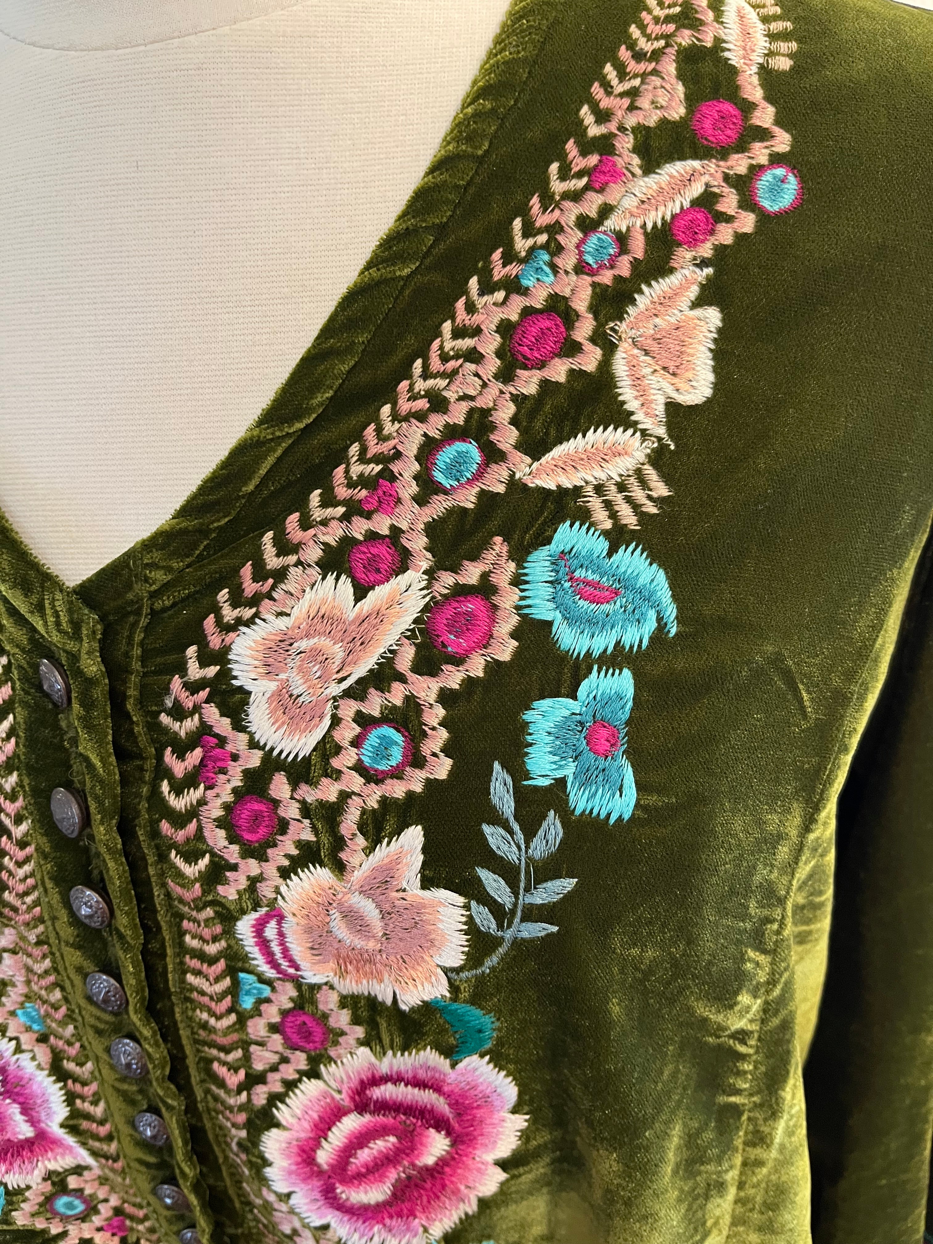 Andrea Olive Green Velvet Embroidered Top by Vintage Collection