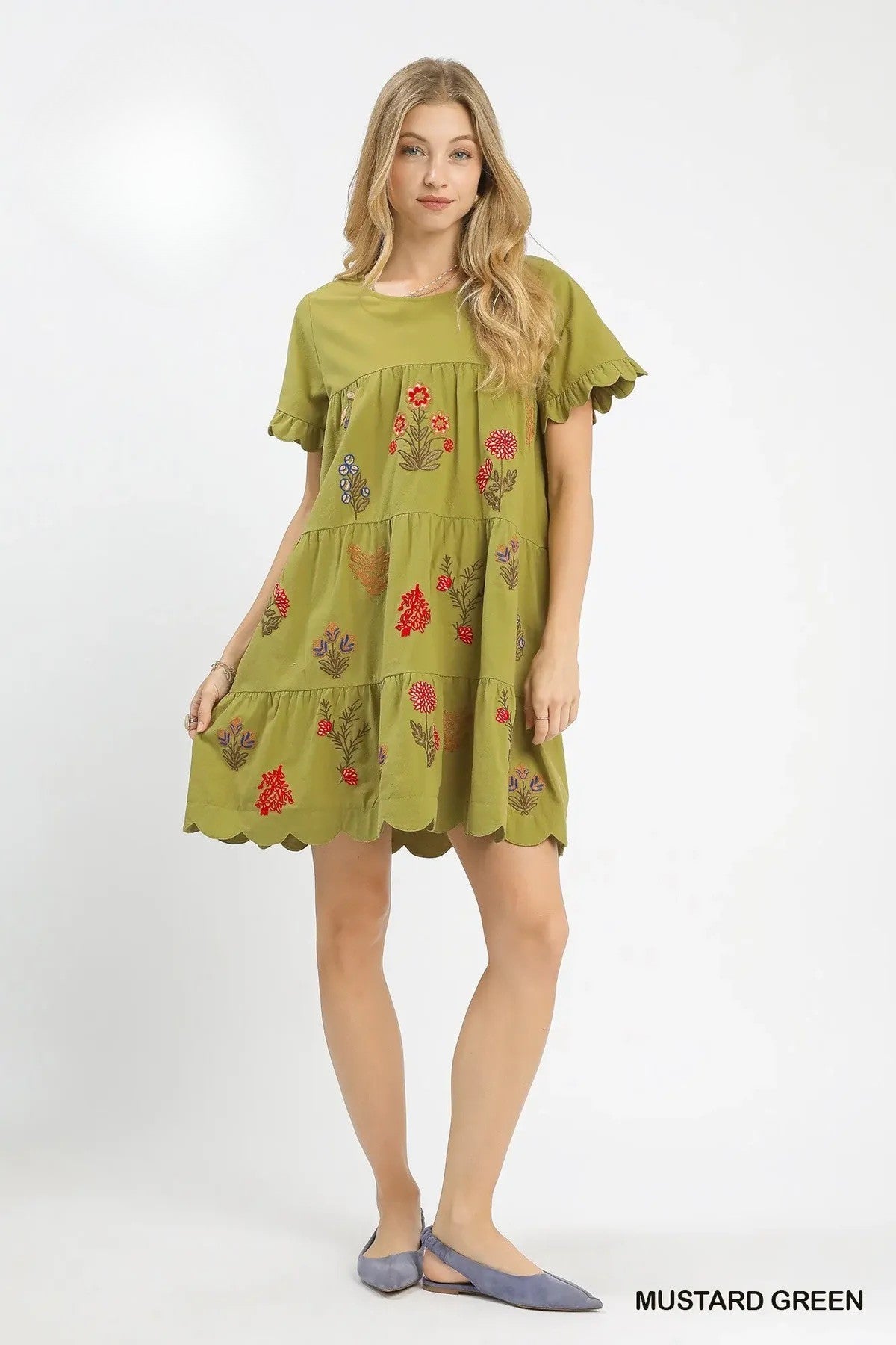 Mustard Green Embroidered Floral Tiered Mini Dress