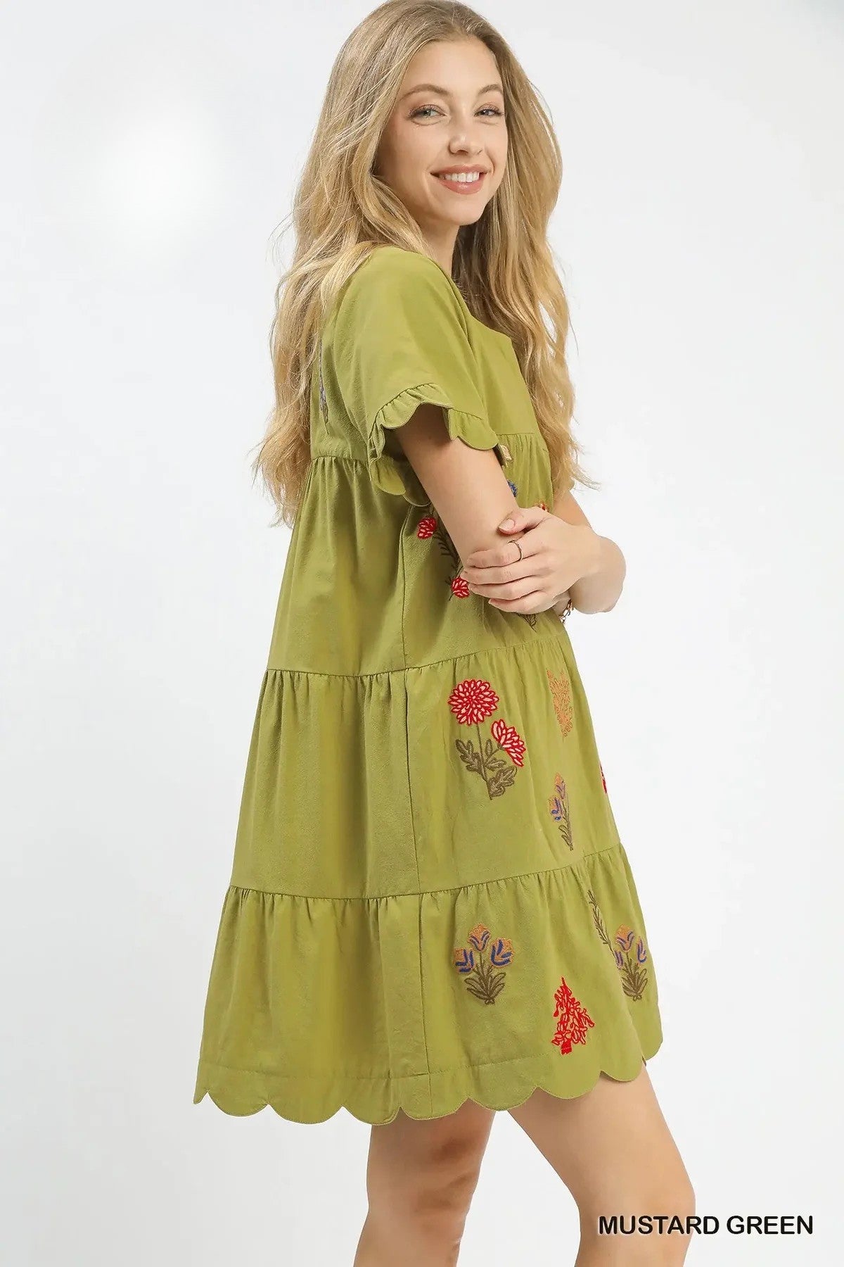 Mustard Green Embroidered Floral Tiered Mini Dress