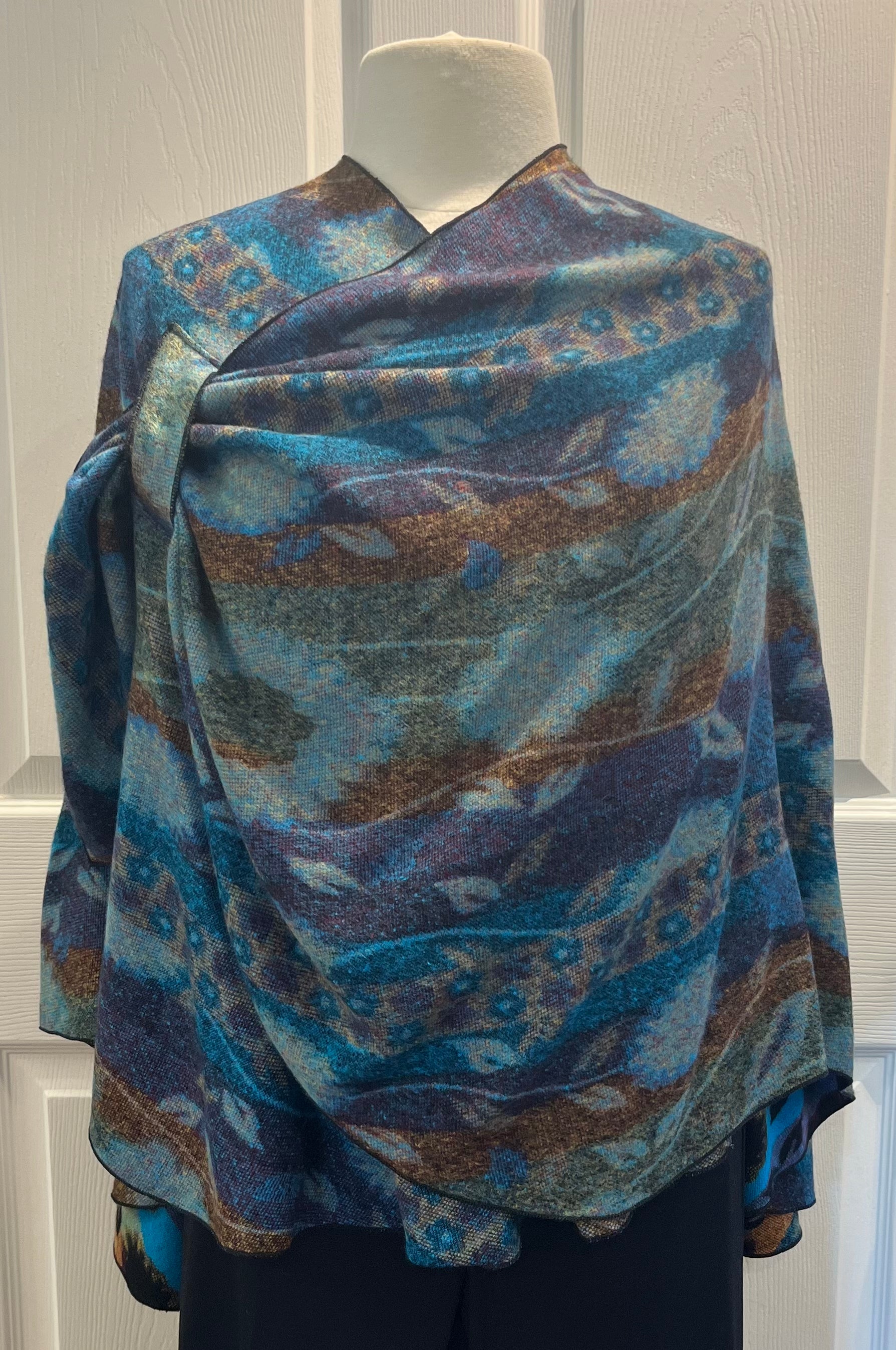 Turquoise, Rust, Green & Black Reversible Cashmere Shawl