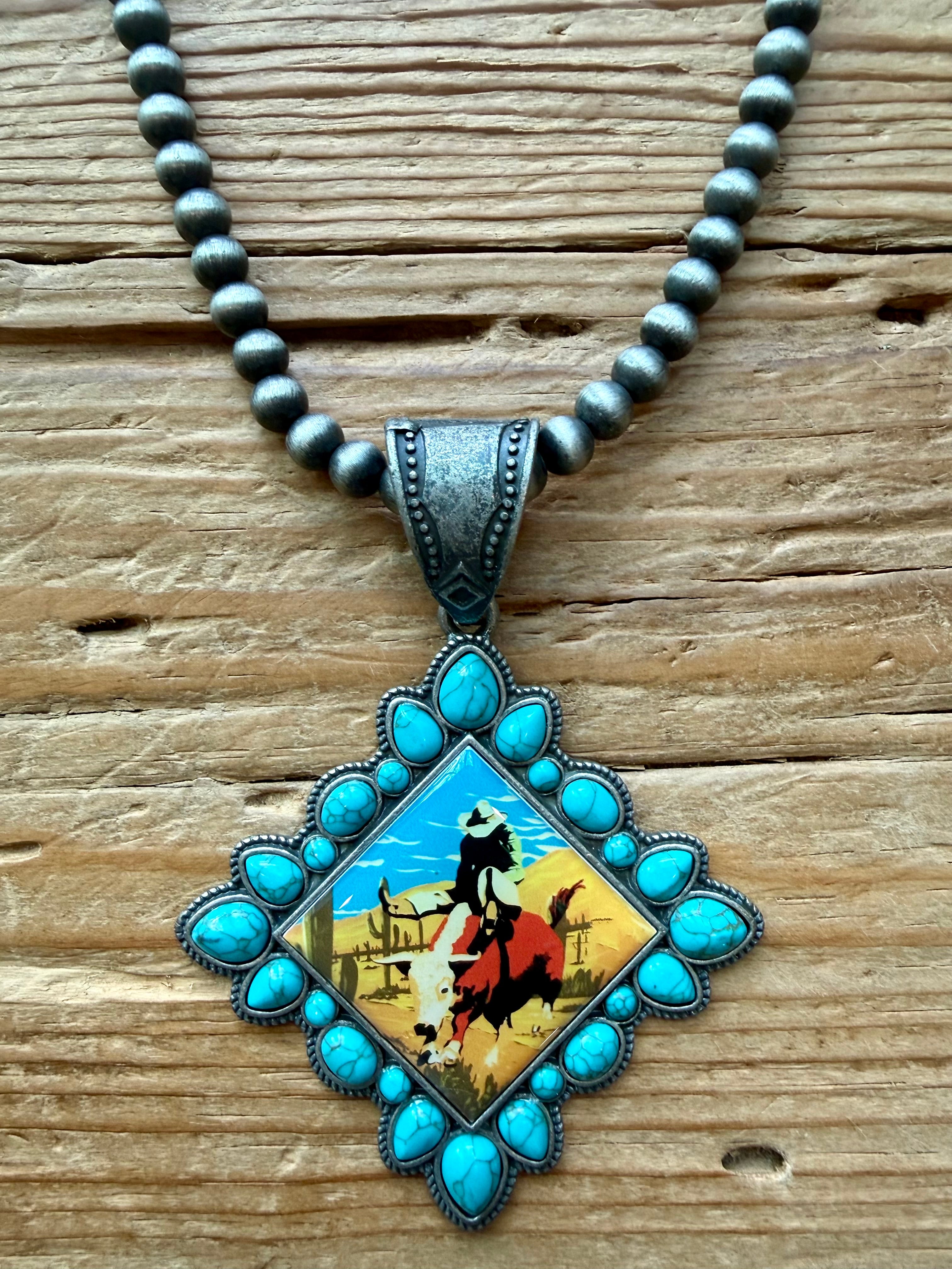 Vintage Western Scene Pendant on Faux Navajo Pearls w/ Earrings/Dark Background