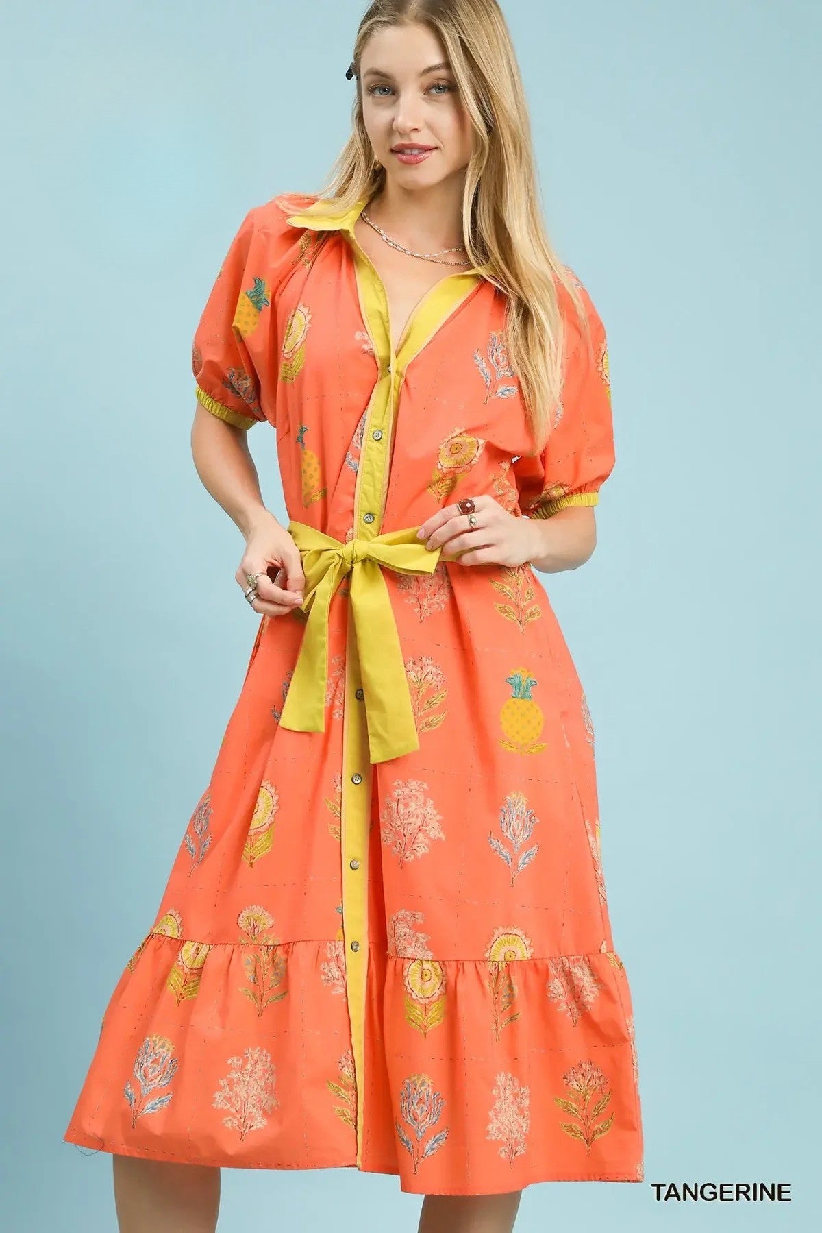 Tangerine Printed Button-Front Midi Dress with Sash